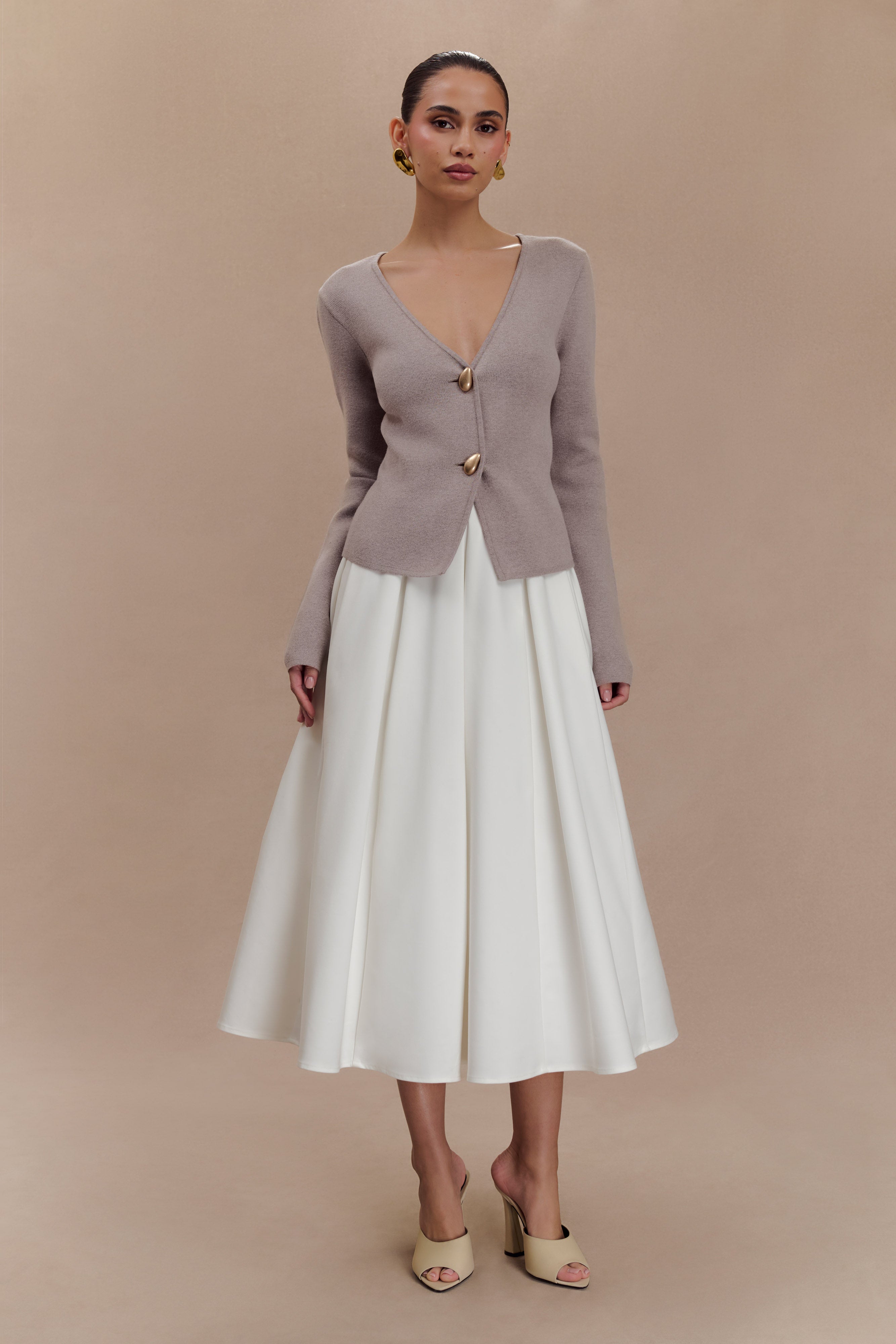 Wide Sleeve Knit Cardigan with V Neck & Back Pleat | VEDA Stone Marle