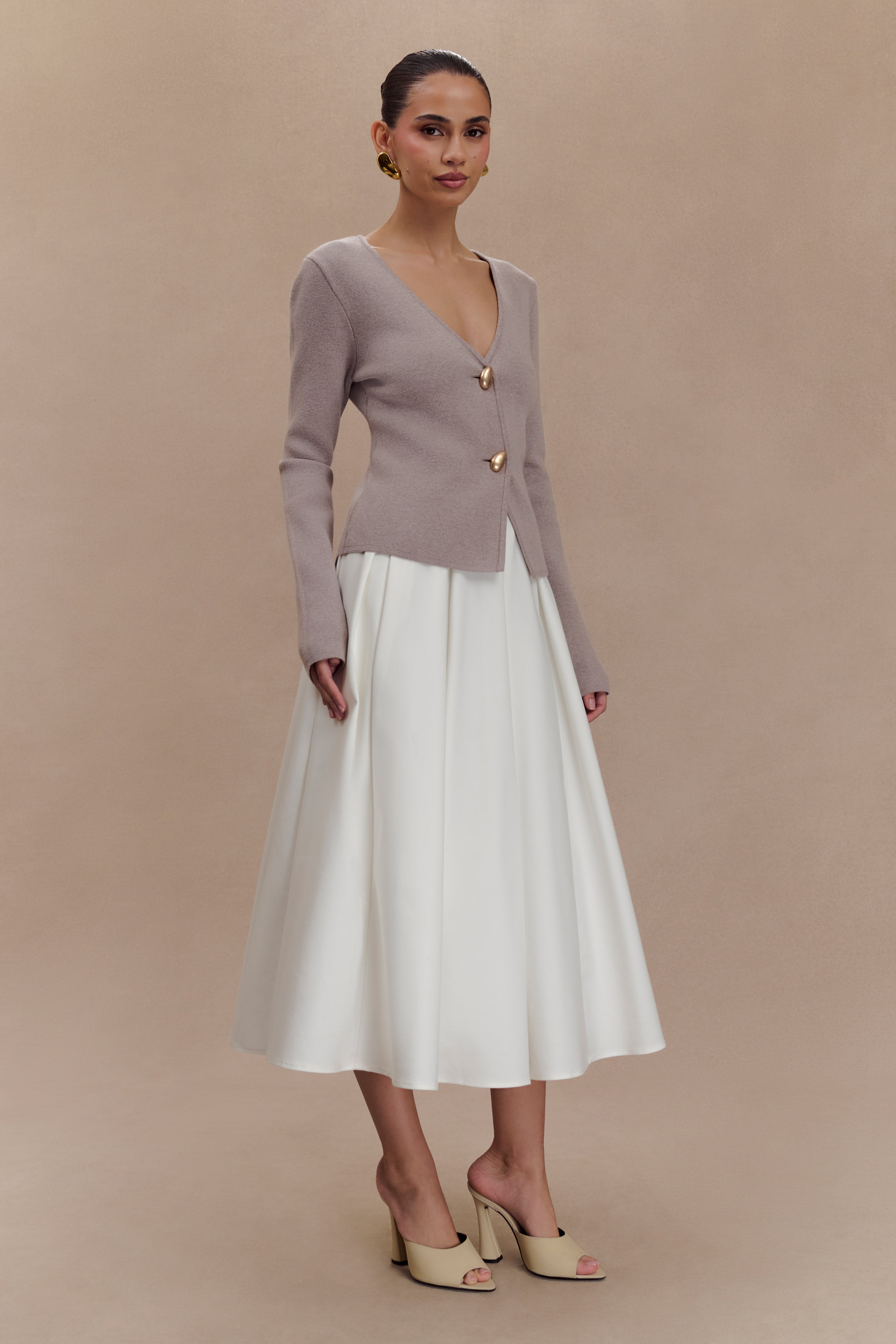 Wide Sleeve Knit Cardigan with V Neck & Back Pleat | VEDA Stone Marle
