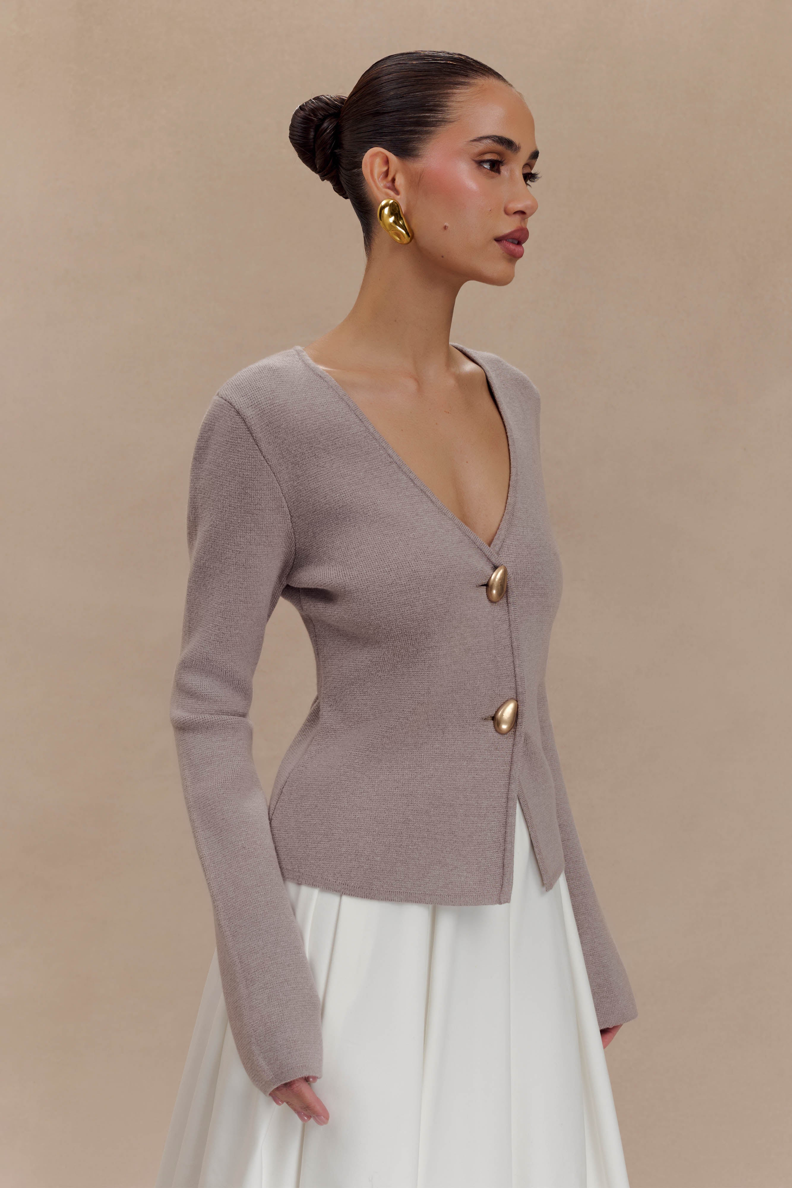 Wide Sleeve Knit Cardigan with V Neck & Back Pleat | VEDA Stone Marle