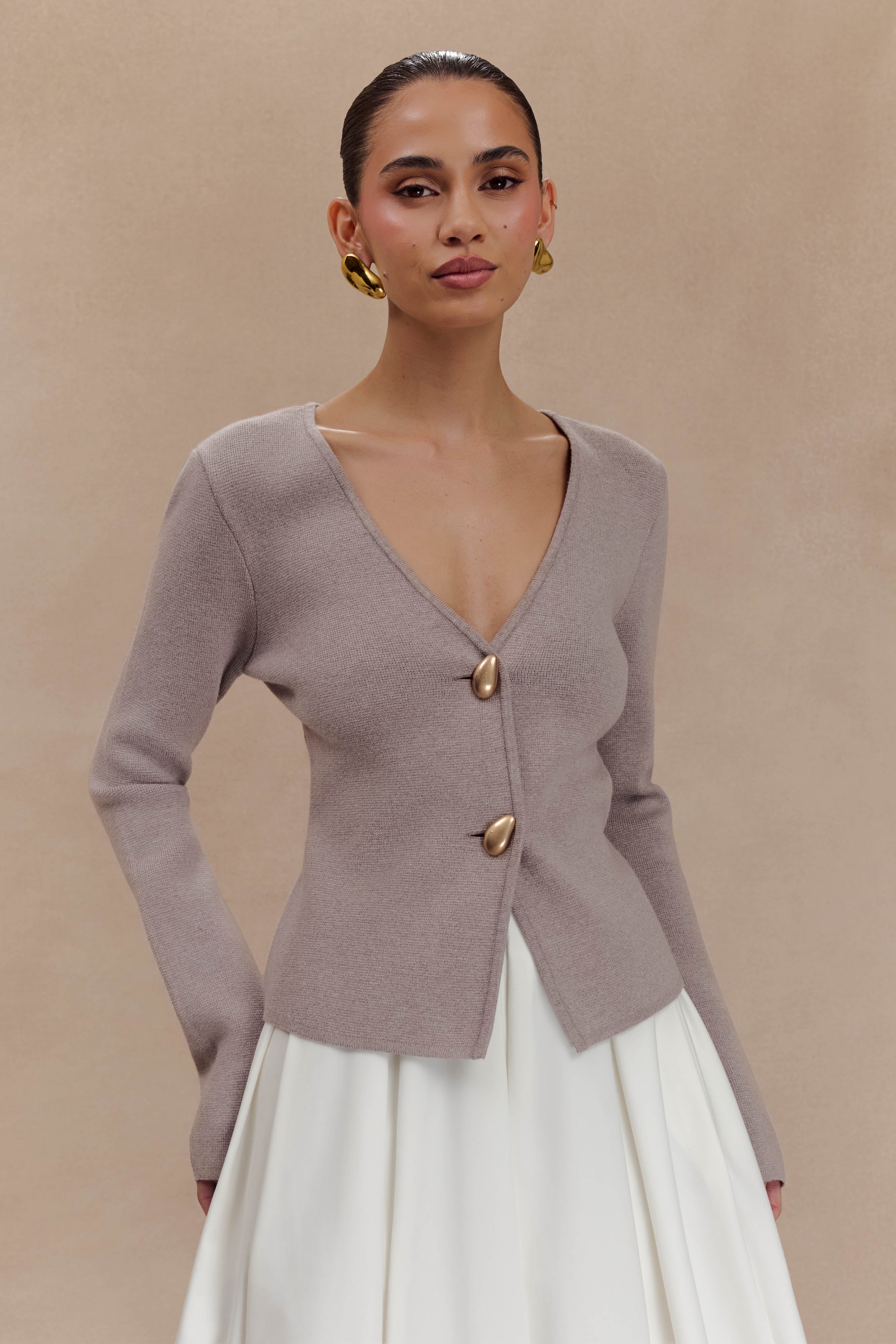 Wide Sleeve Knit Cardigan with V Neck & Back Pleat | VEDA Stone Marle