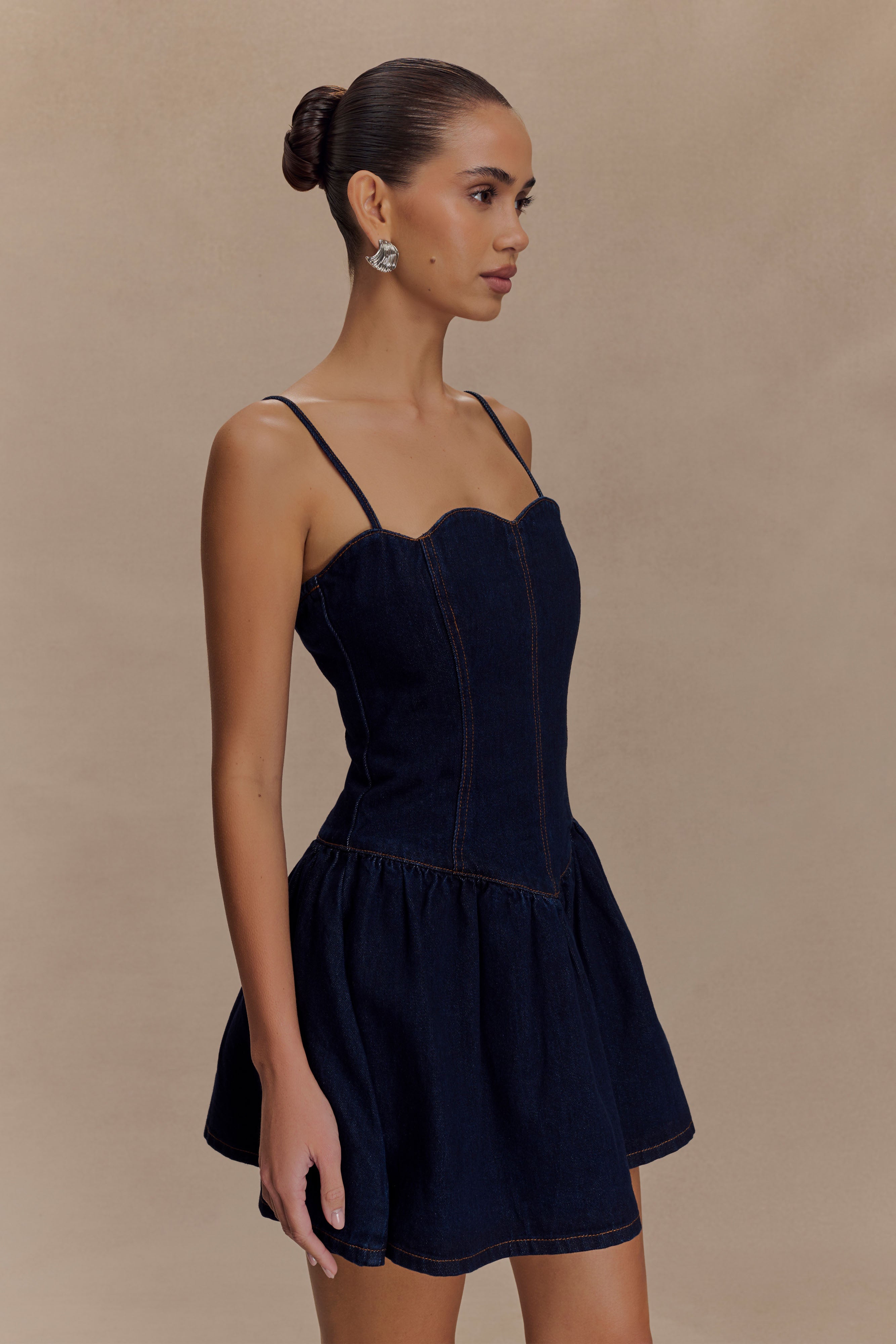 Scallop Neckline Denim Mini Dress with Adjustable Straps | Cheyenne