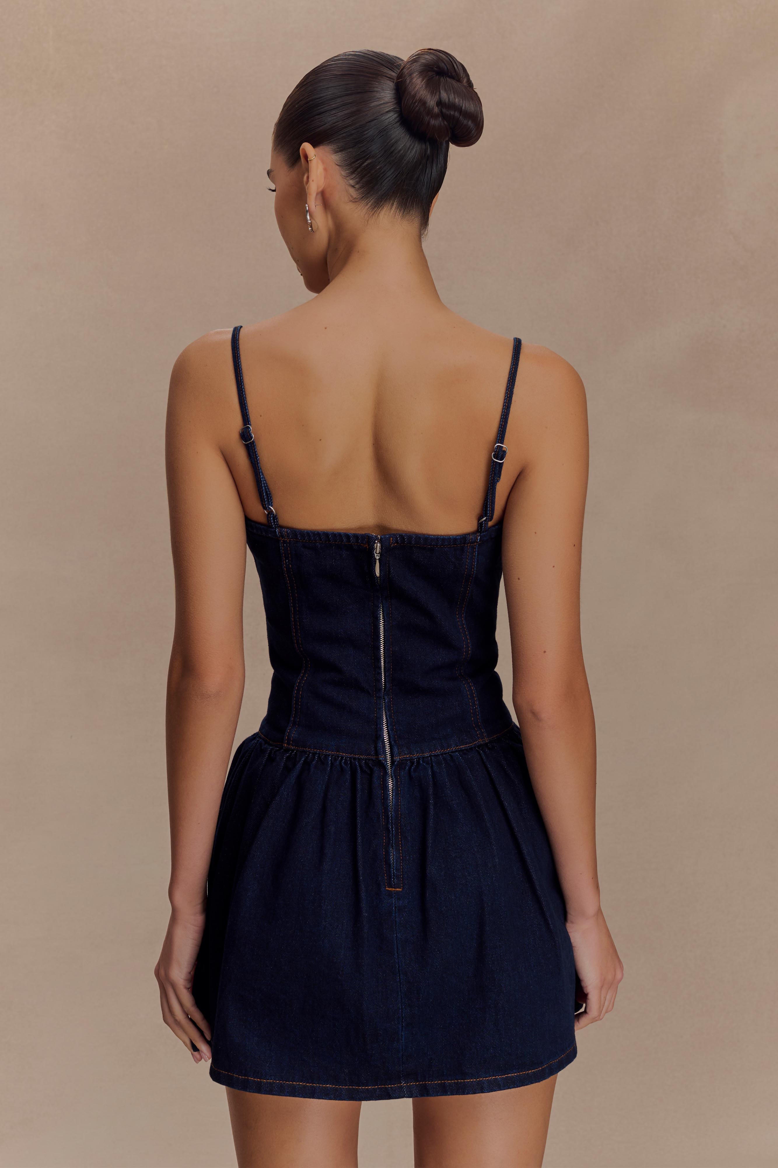 Scallop Neckline Denim Mini Dress with Adjustable Straps | Cheyenne