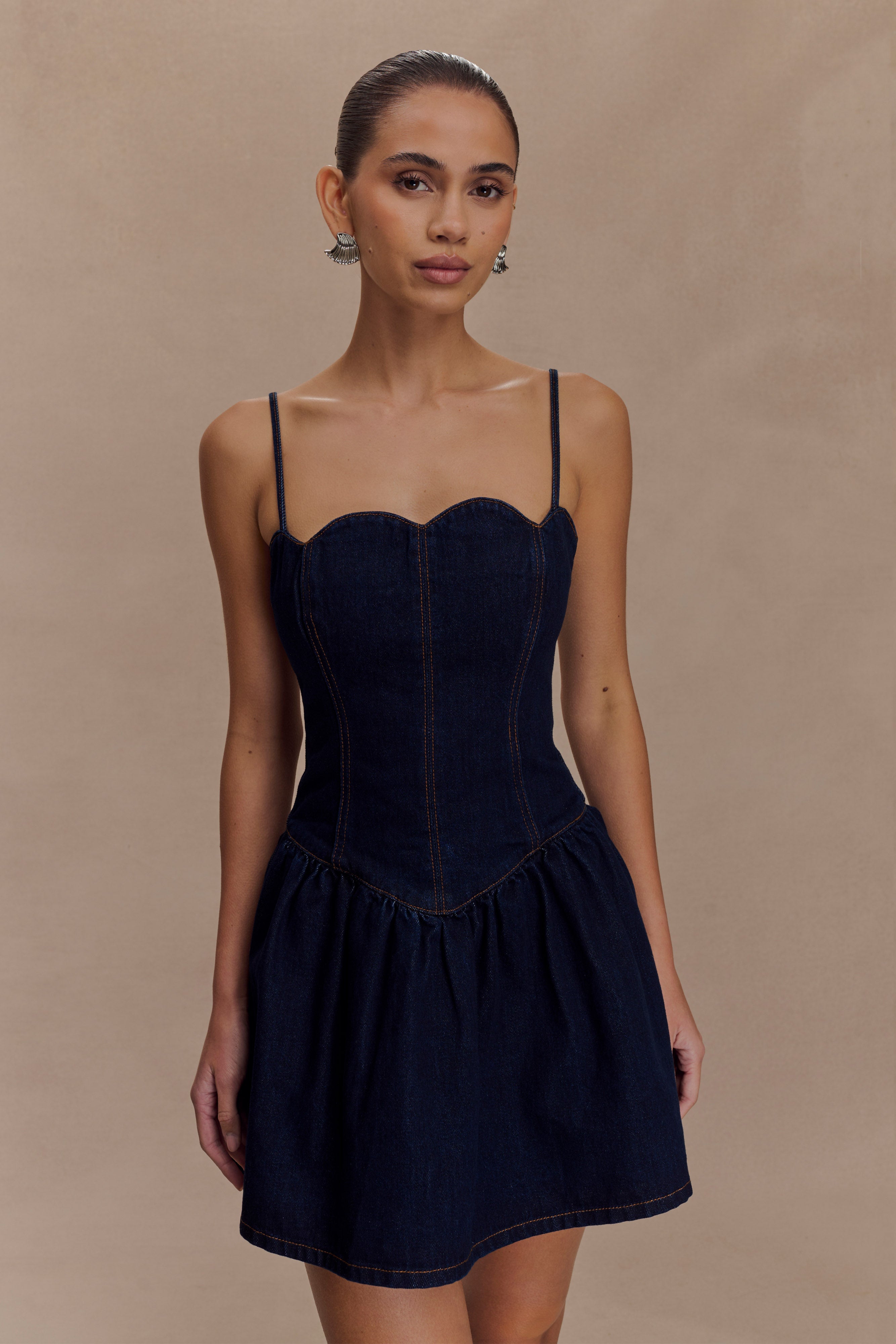 Scallop Neckline Denim Mini Dress with Adjustable Straps | Cheyenne