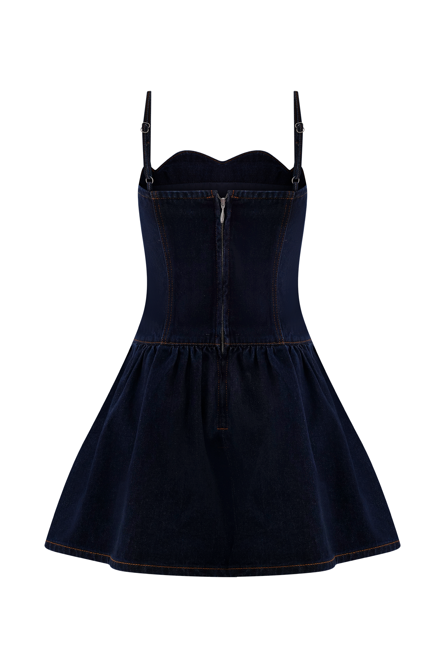 Scallop Neckline Denim Mini Dress with Adjustable Straps | Cheyenne