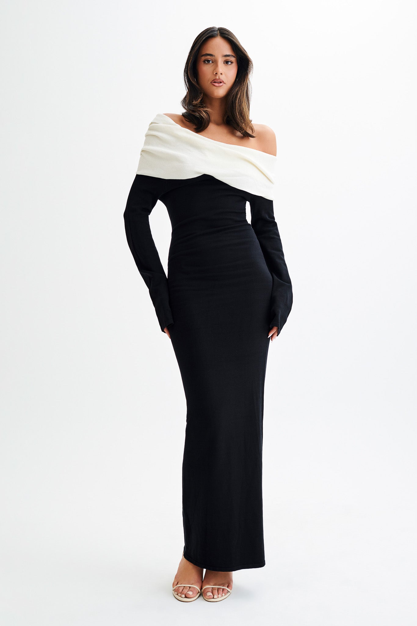 Off-Shoulder Contrast Knit Maxi Dress for Women | Yoko Black/White