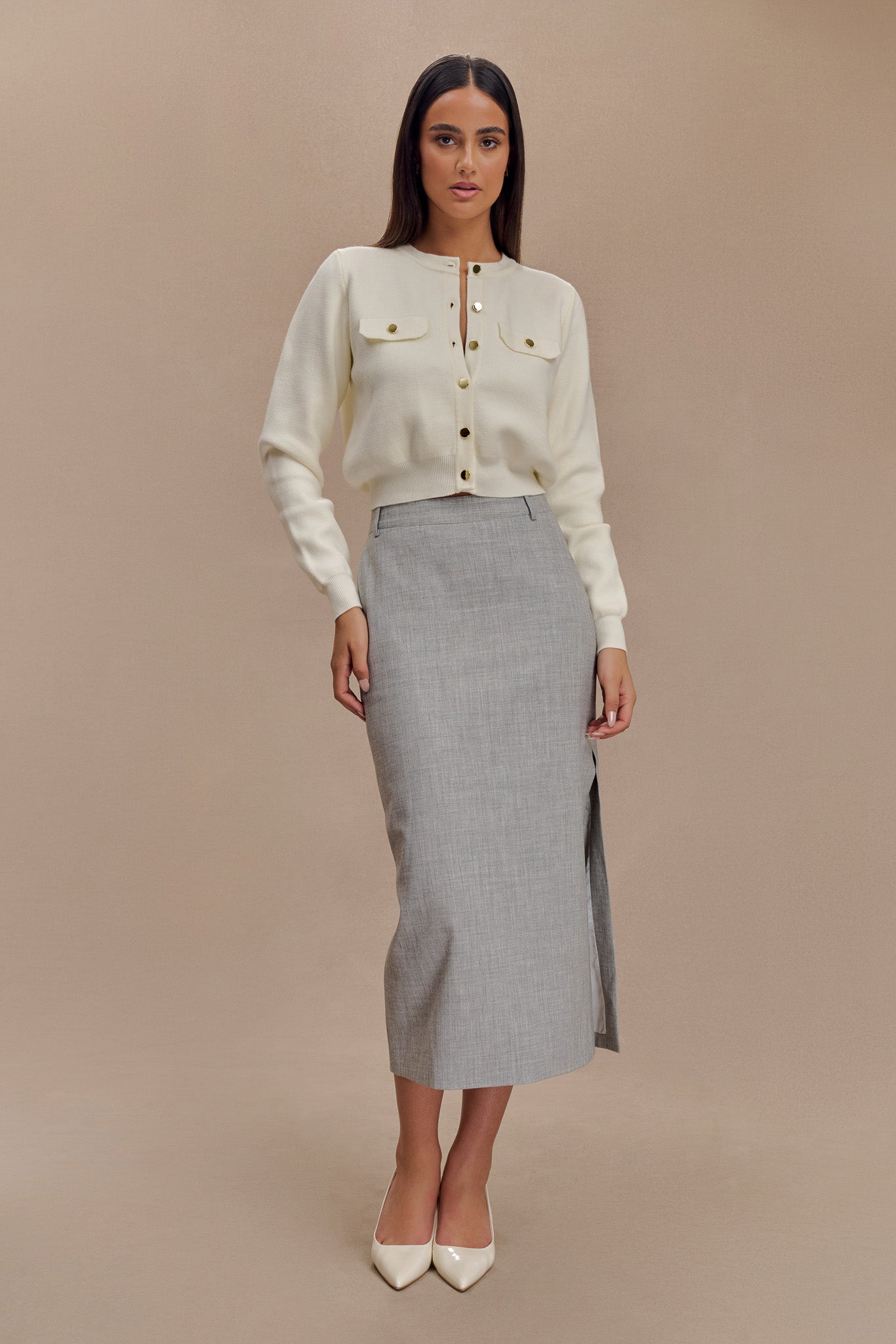 Ivory Knit Cardigan with Gold Buttons & Pockets | Tabitha