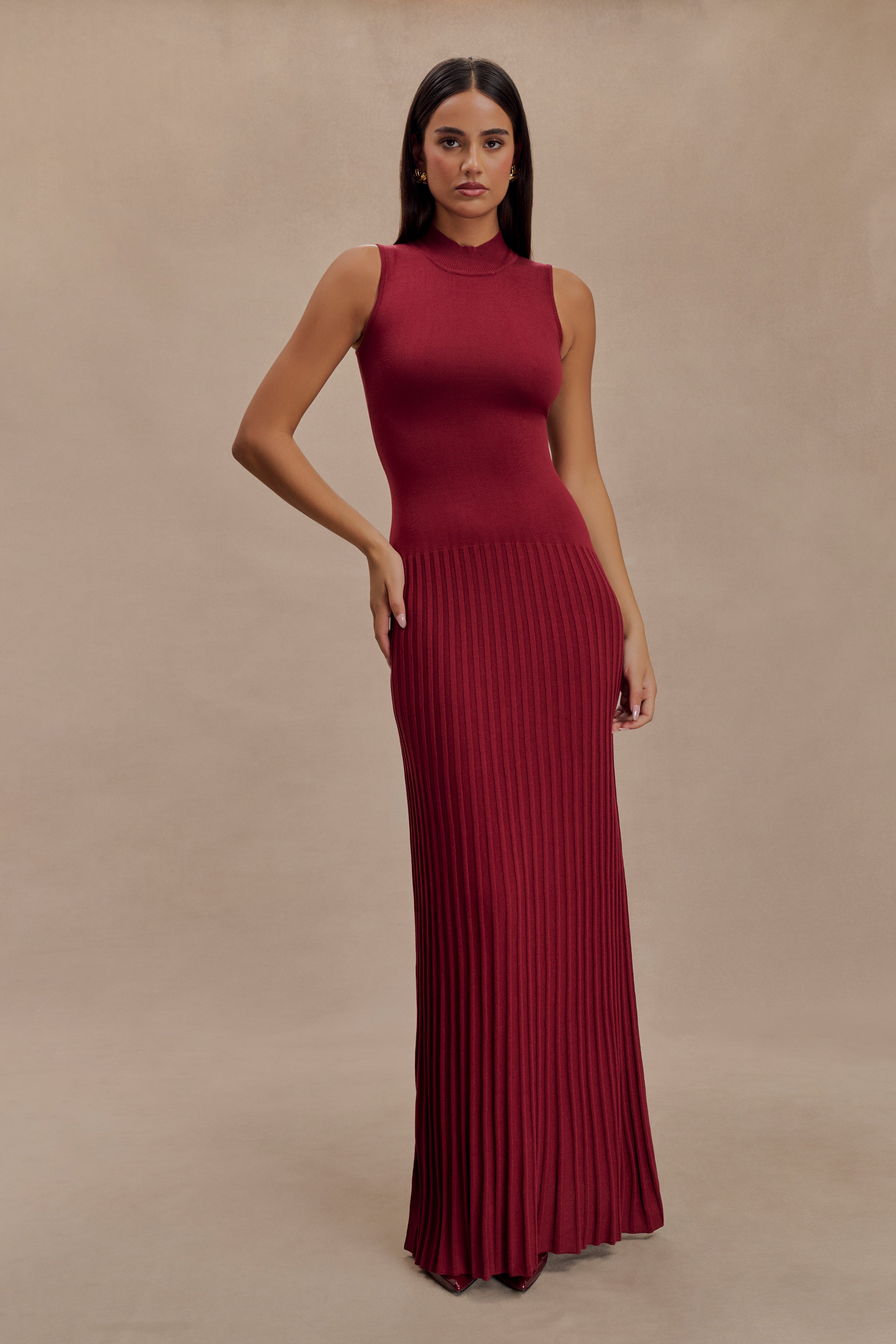 High Neck Pleated Maxi Dress for Women | Mavis Mahogany