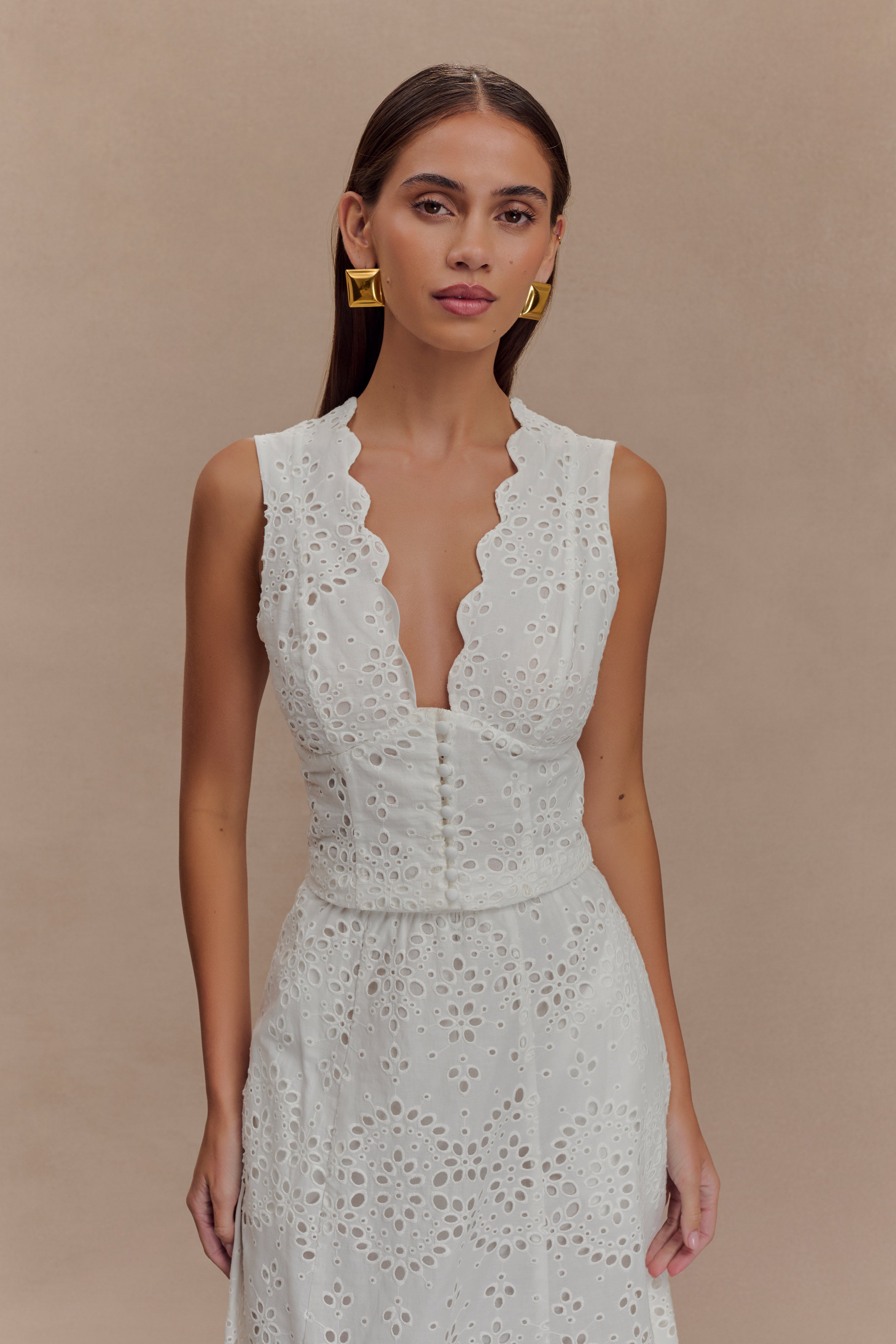 White Sleeveless Broderie Top with V-Neck & Scalloped Edge | Arla