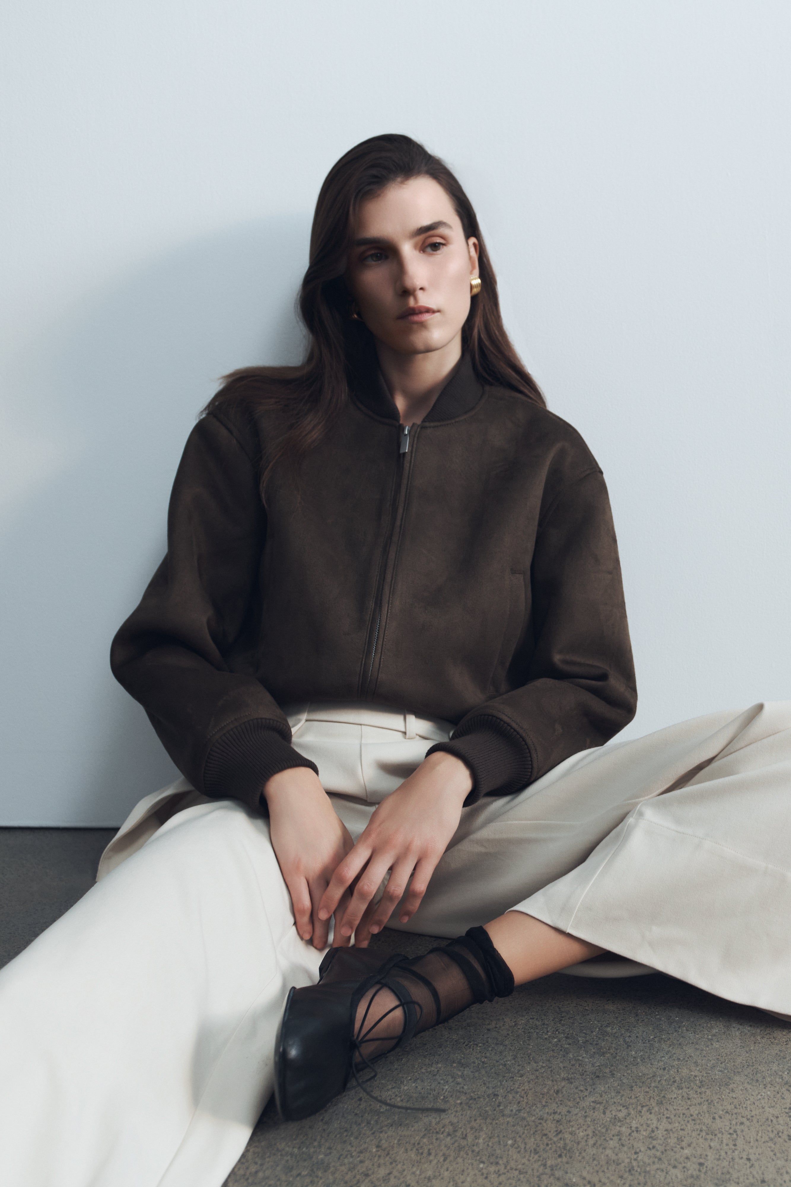 Men's Suede Bomber Jacket with Ribbed Trim | Rudy Chocolate
