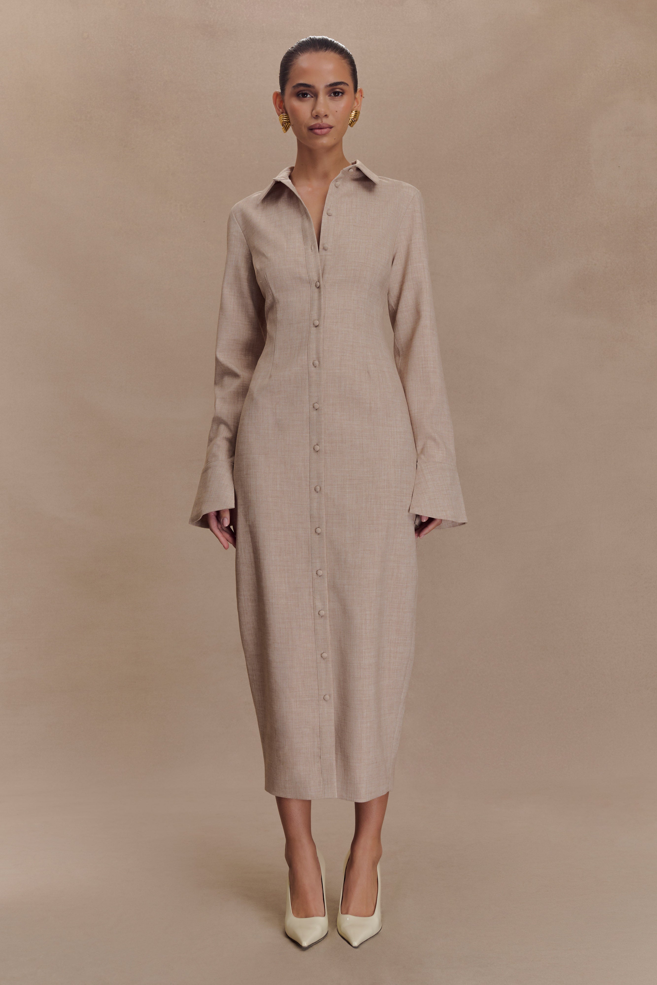 Fitted Shirt Midi Dress with Collar & Flared Cuffs | Dorian