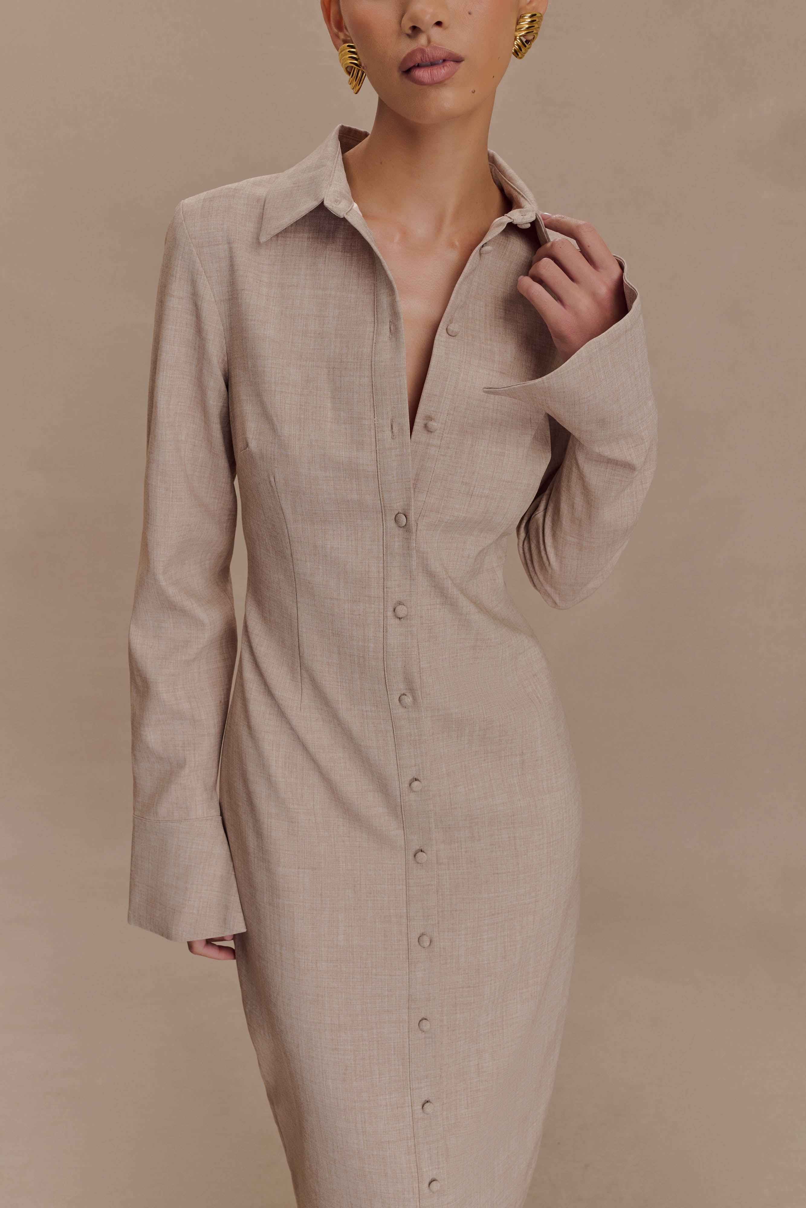 Fitted Shirt Midi Dress with Collar & Flared Cuffs | Dorian