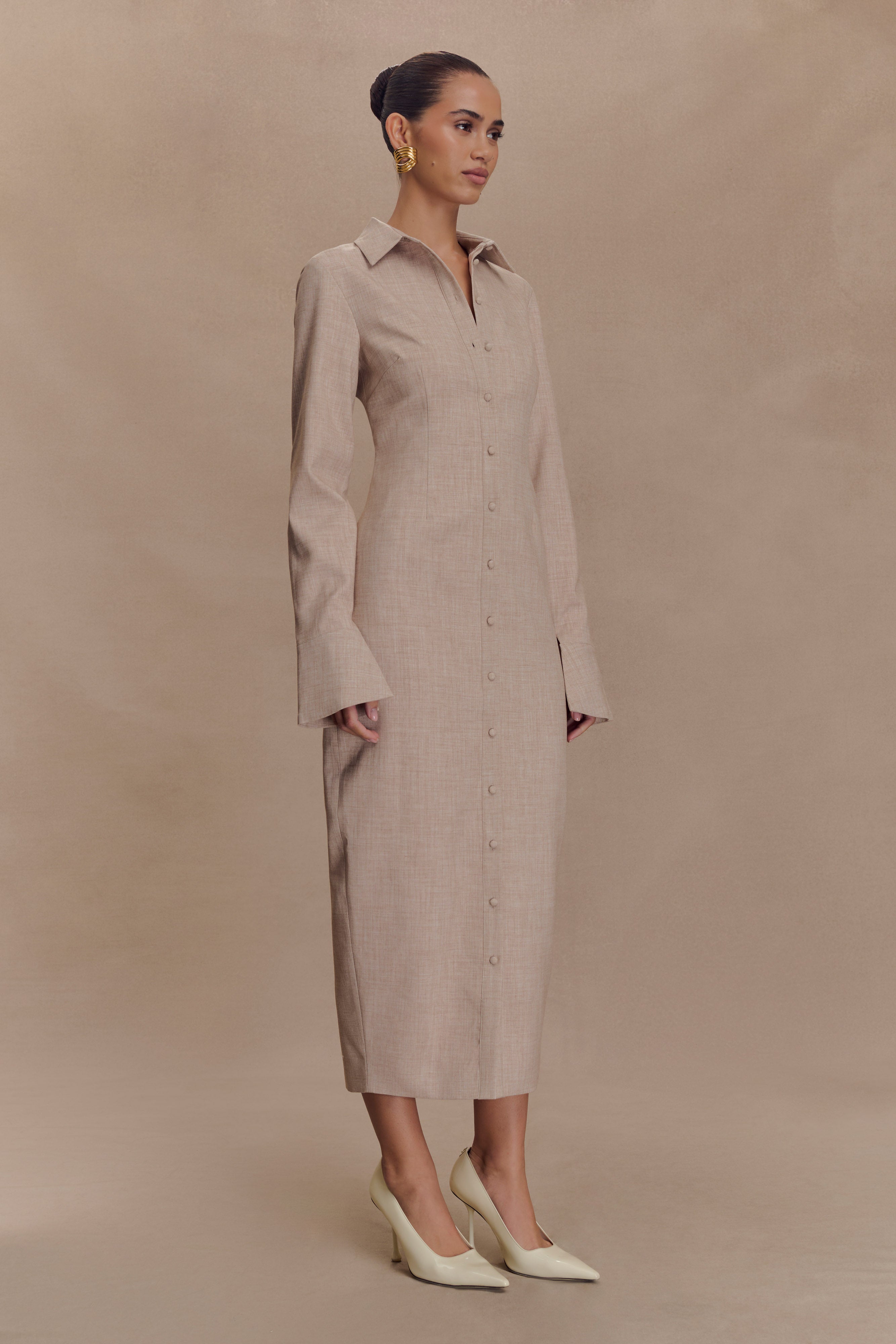 Fitted Shirt Midi Dress with Collar & Flared Cuffs | Dorian