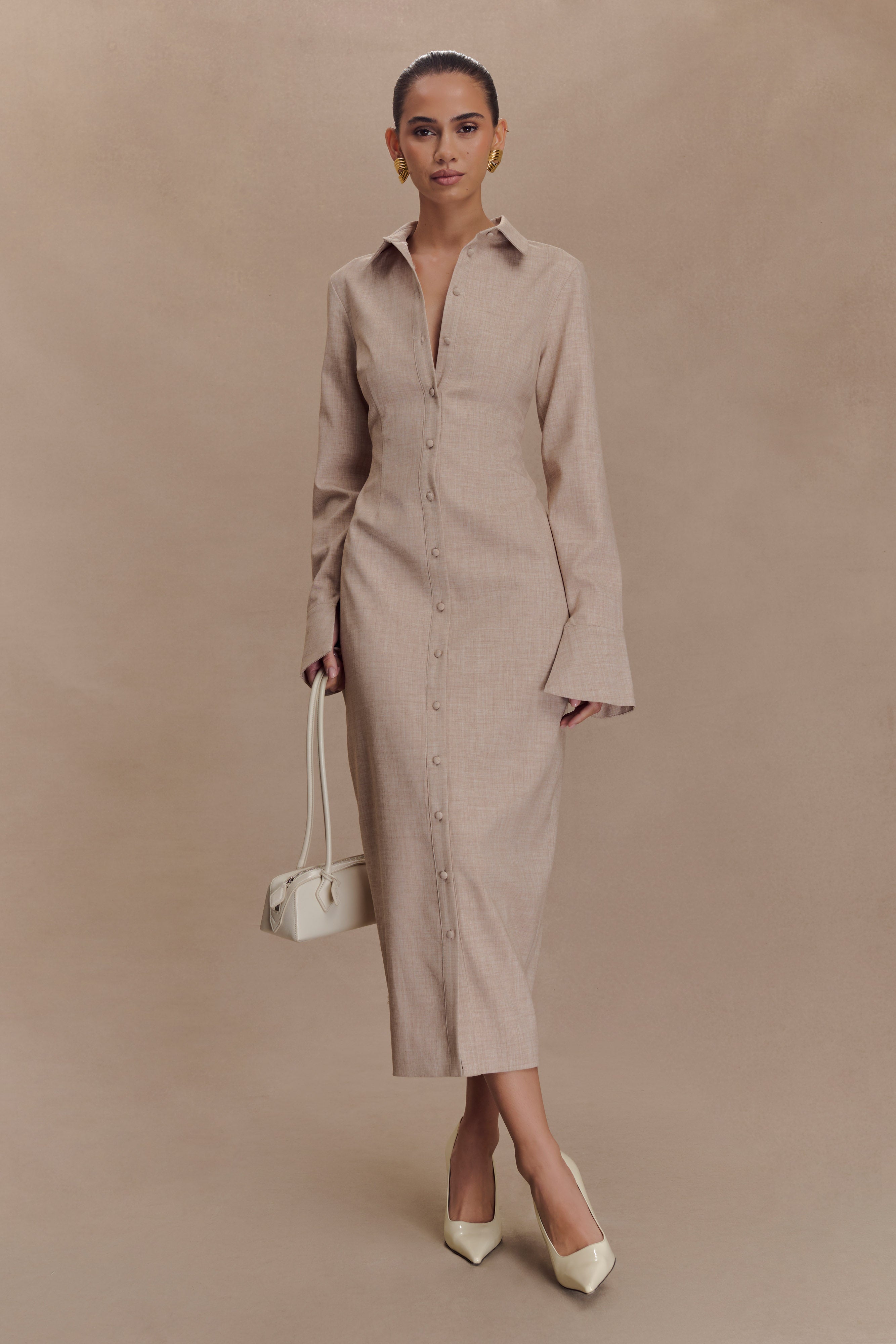 Fitted Shirt Midi Dress with Collar & Flared Cuffs | Dorian