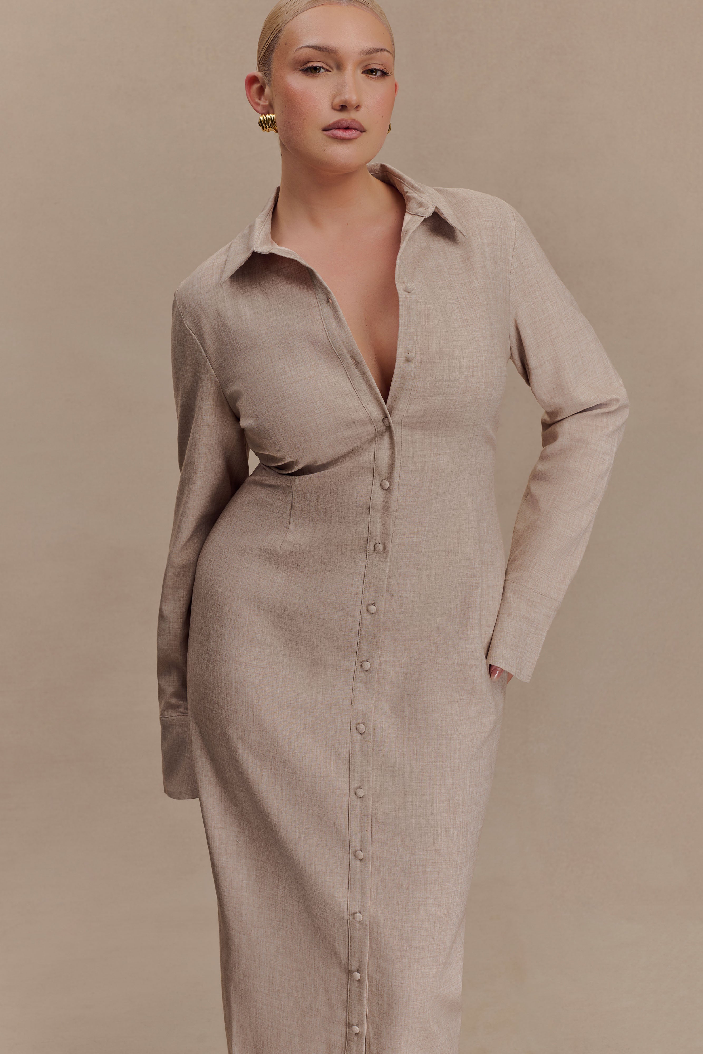 Fitted Shirt Midi Dress with Collar & Flared Cuffs | Dorian