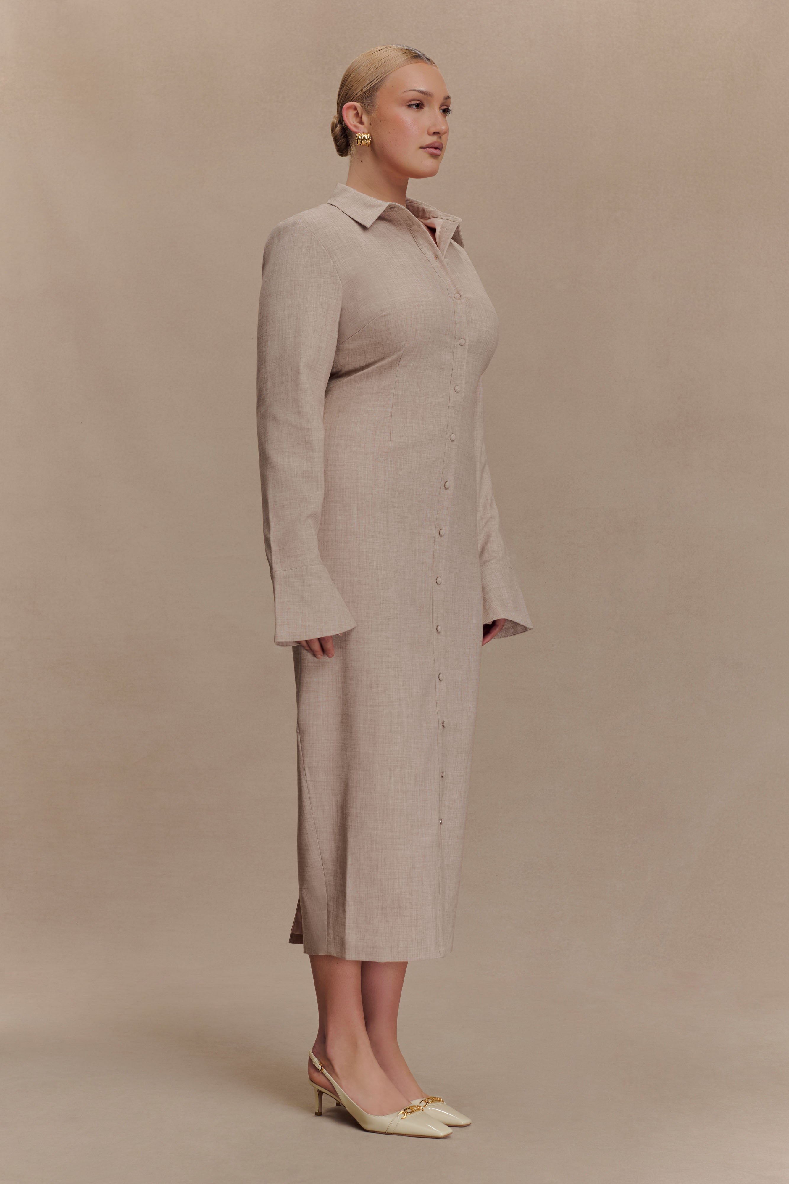 Fitted Shirt Midi Dress with Collar & Flared Cuffs | Dorian