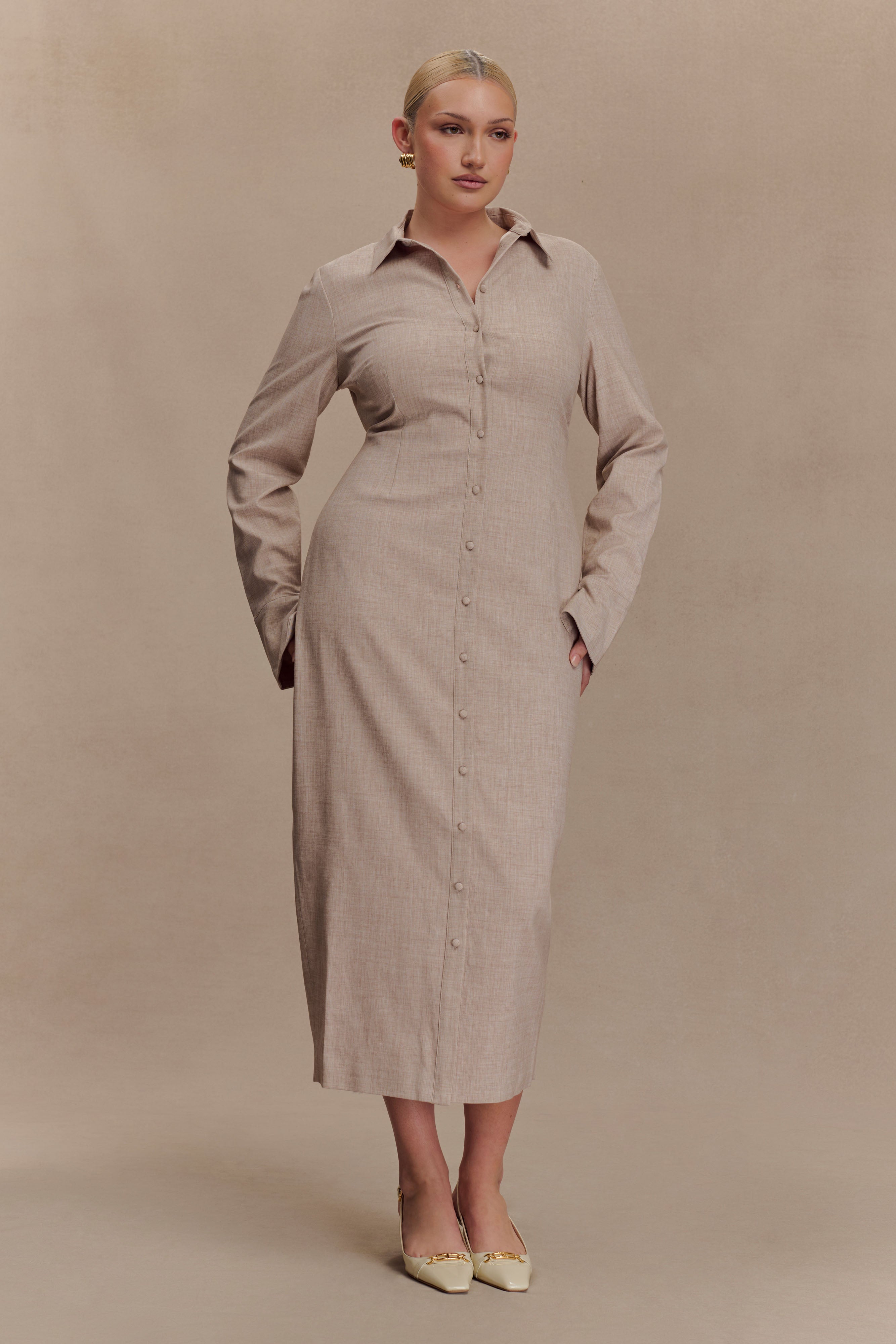Fitted Shirt Midi Dress with Collar & Flared Cuffs | Dorian