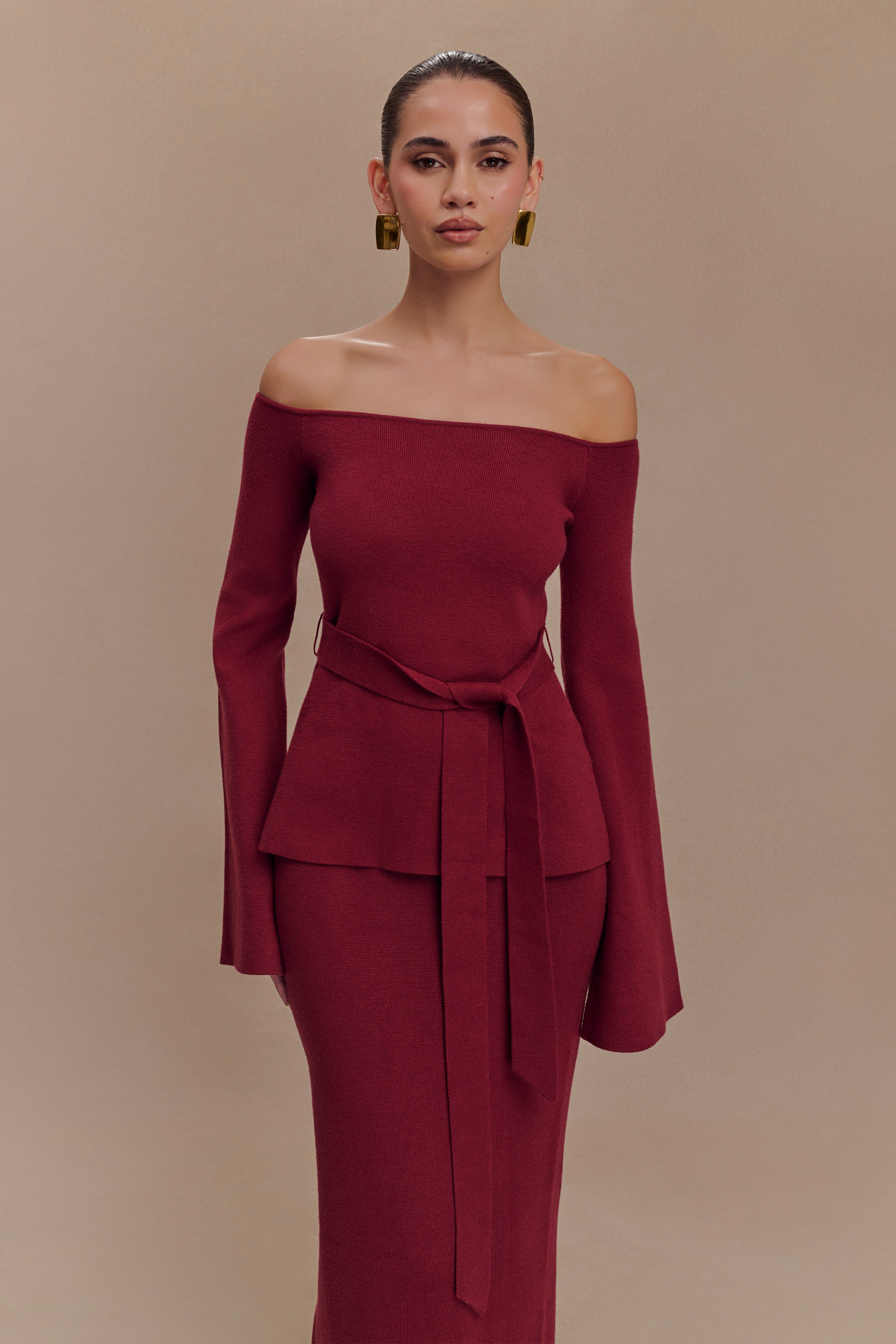 Off Shoulder Knit Top with Long Sleeves & Waist Tie | Kyle
