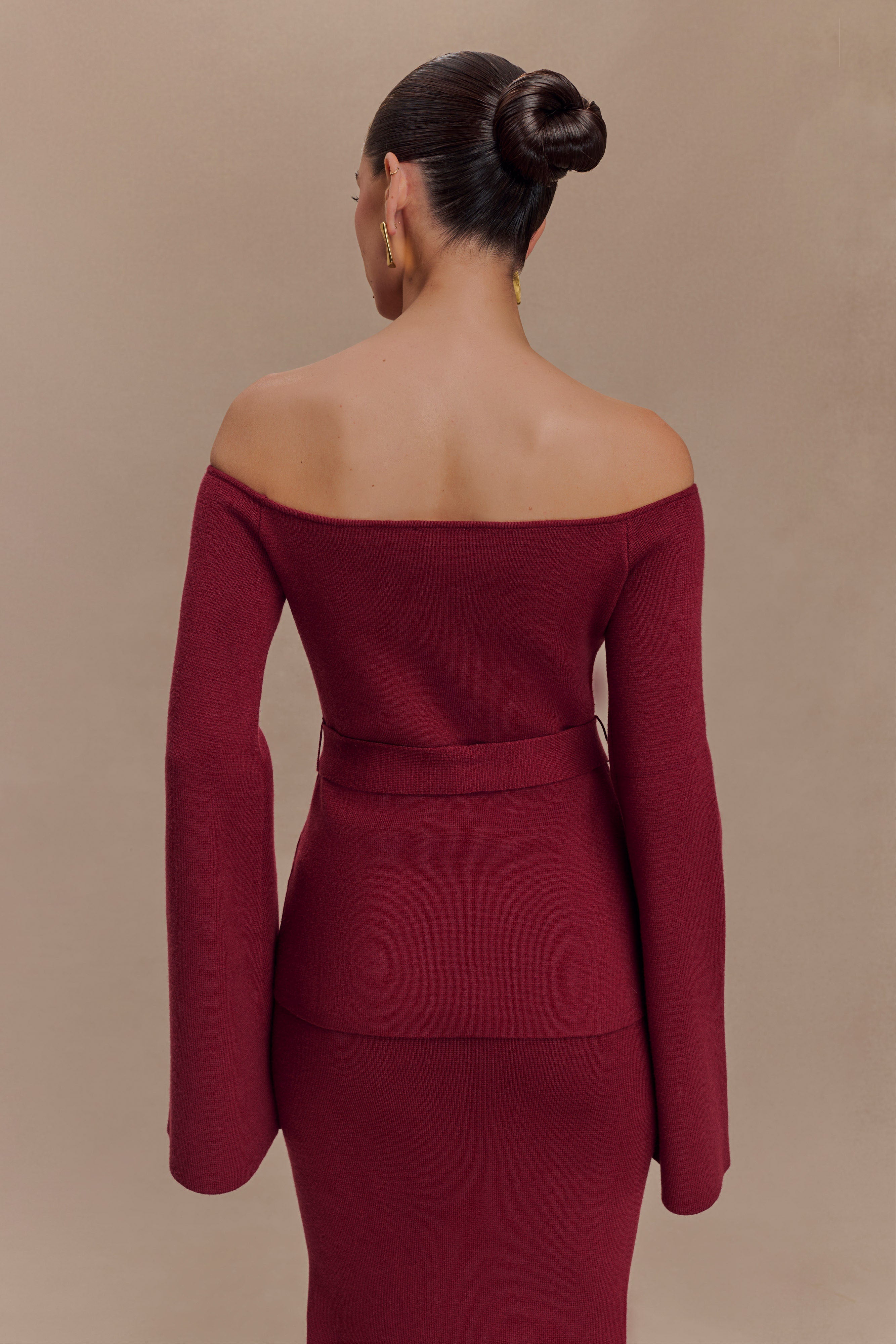 Off Shoulder Knit Top with Long Sleeves & Waist Tie | Kyle