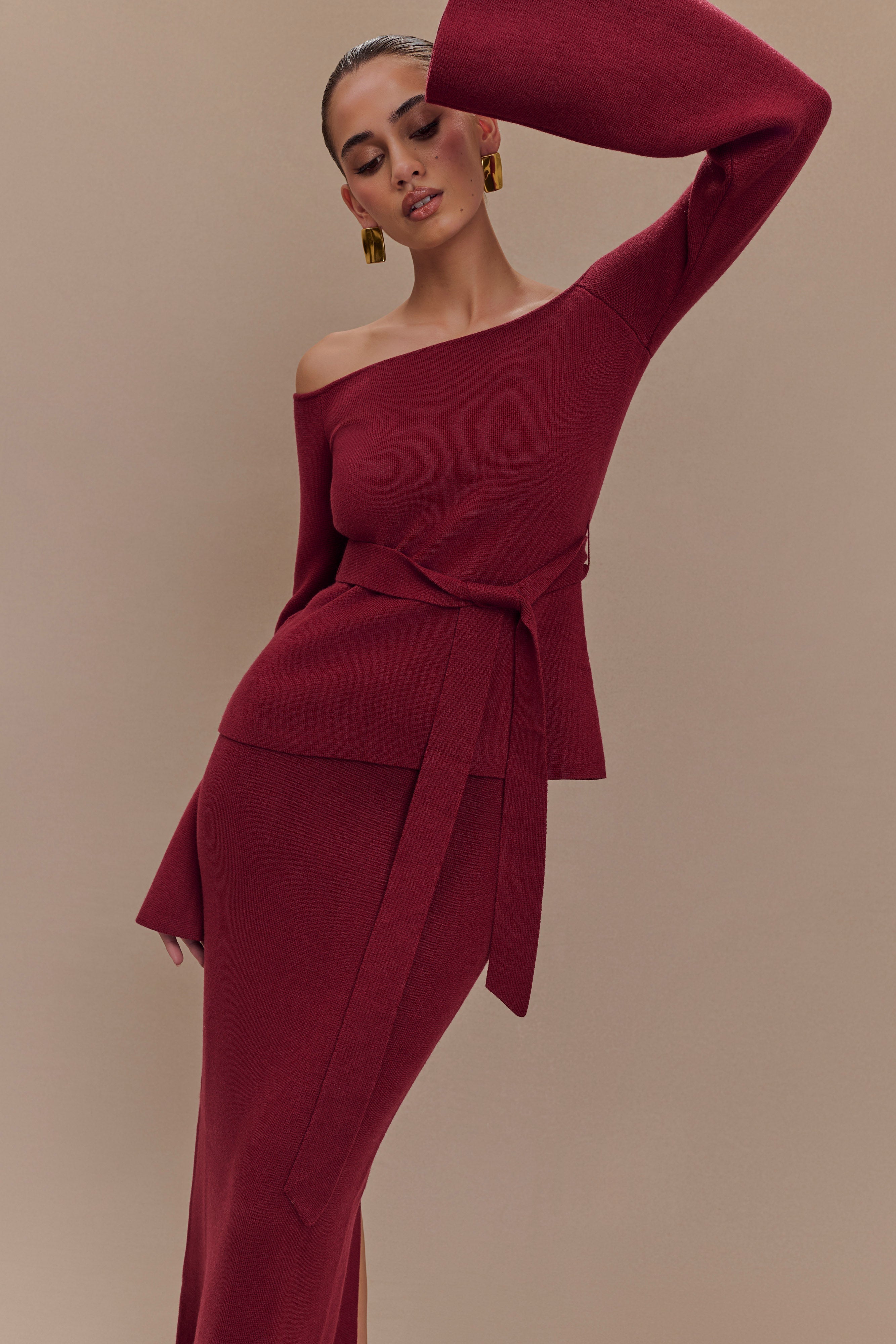 Off Shoulder Knit Top with Long Sleeves & Waist Tie | Kyle