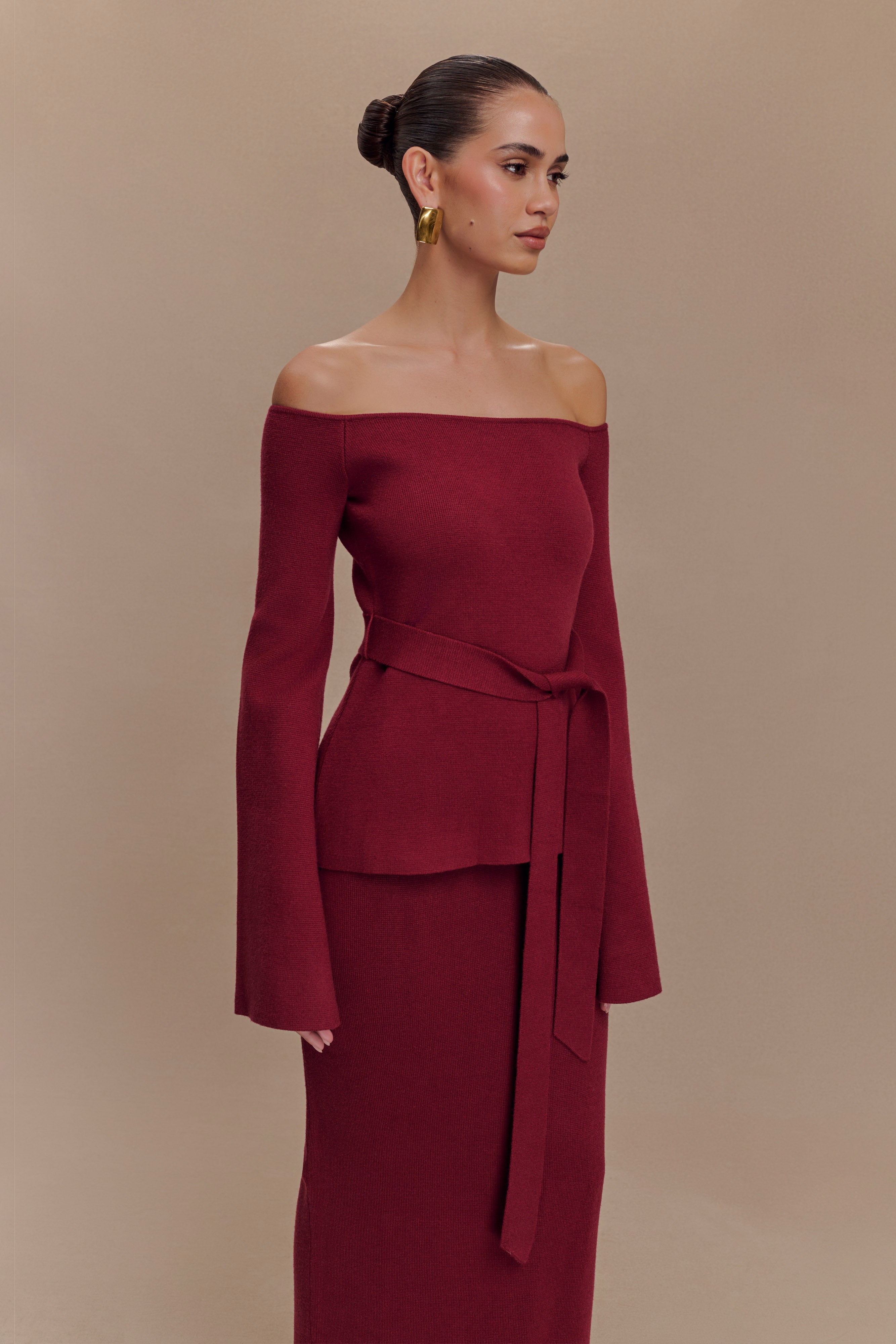 Off Shoulder Knit Top with Long Sleeves & Waist Tie | Kyle