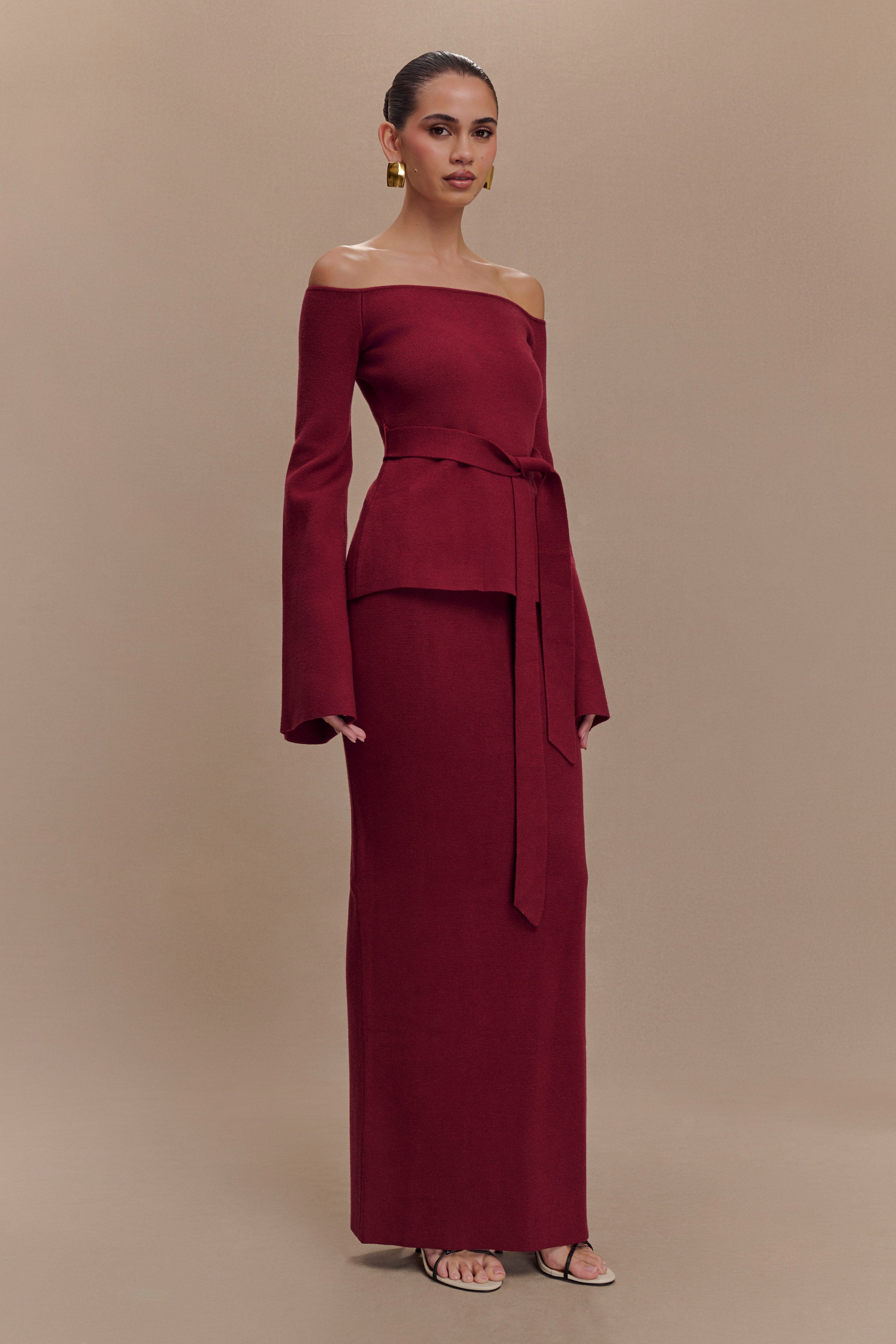 Off Shoulder Knit Top with Long Sleeves & Waist Tie | Kyle