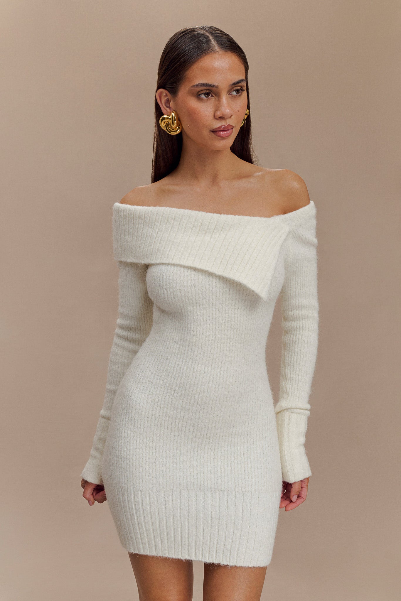 Asymmetric Knit Mini Dress with Ribbed Overlay | Stephanie Ivory