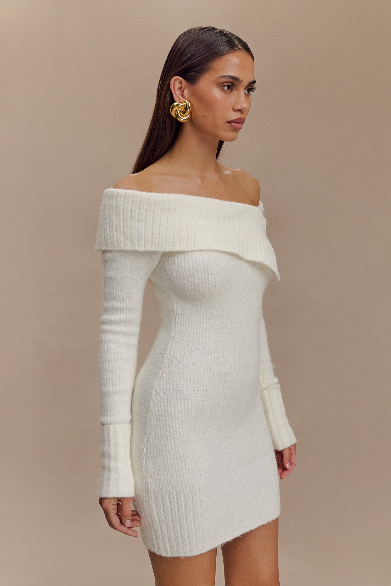 Asymmetric Knit Mini Dress with Ribbed Overlay | Stephanie Ivory