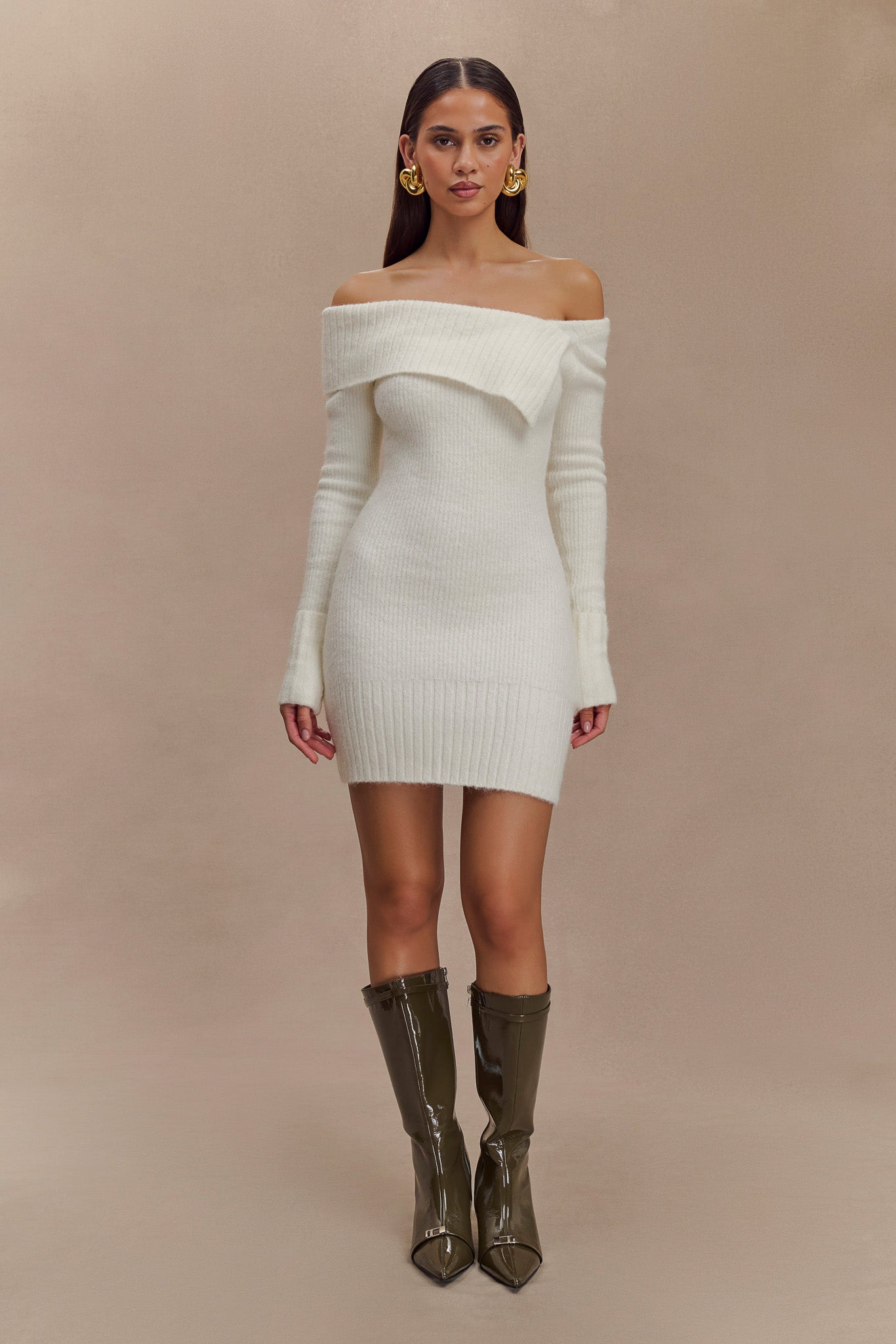 Asymmetric Knit Mini Dress with Ribbed Overlay | Stephanie Ivory