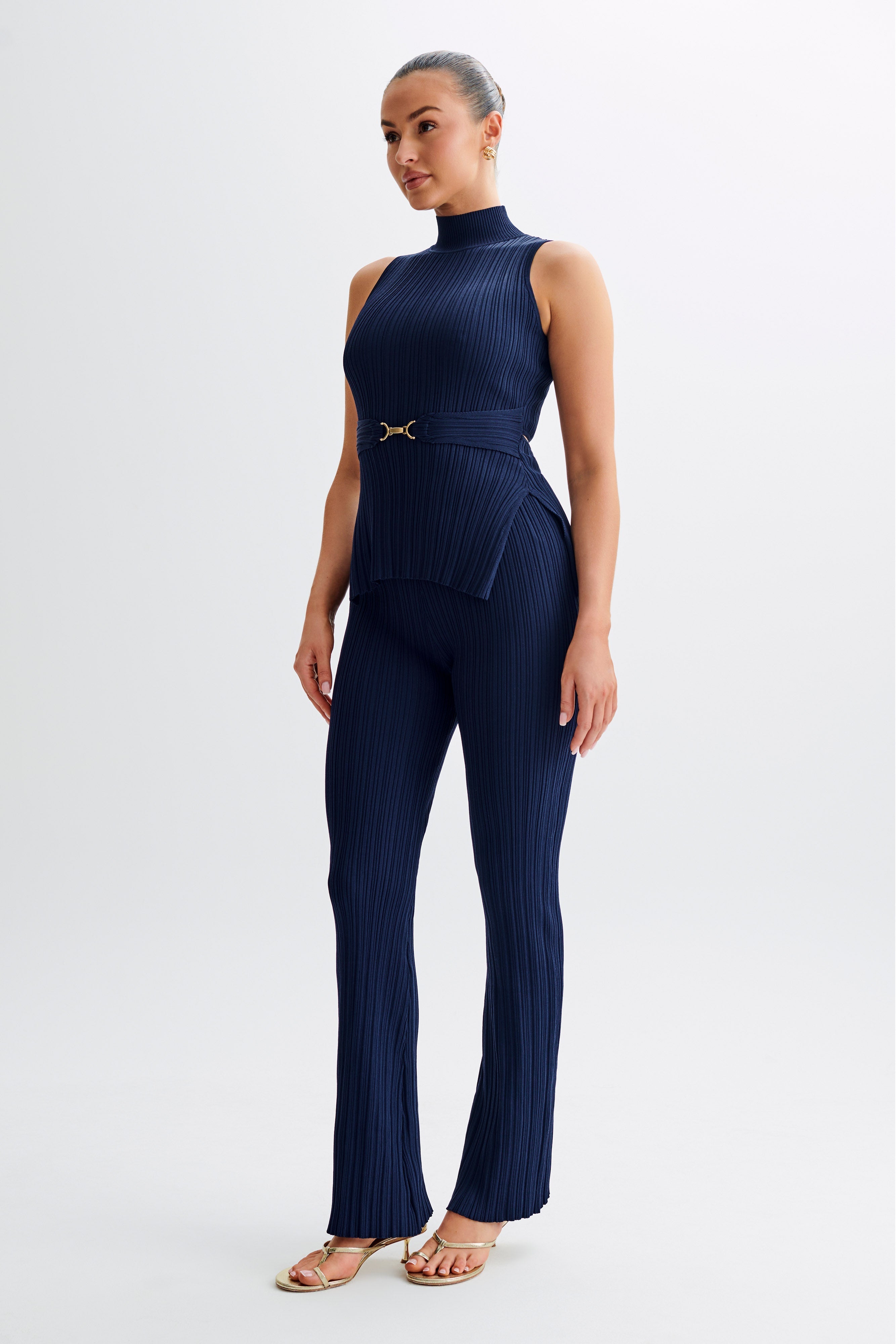 Straight Leg Rib Knit Pants with Elastic Waist | Chiara