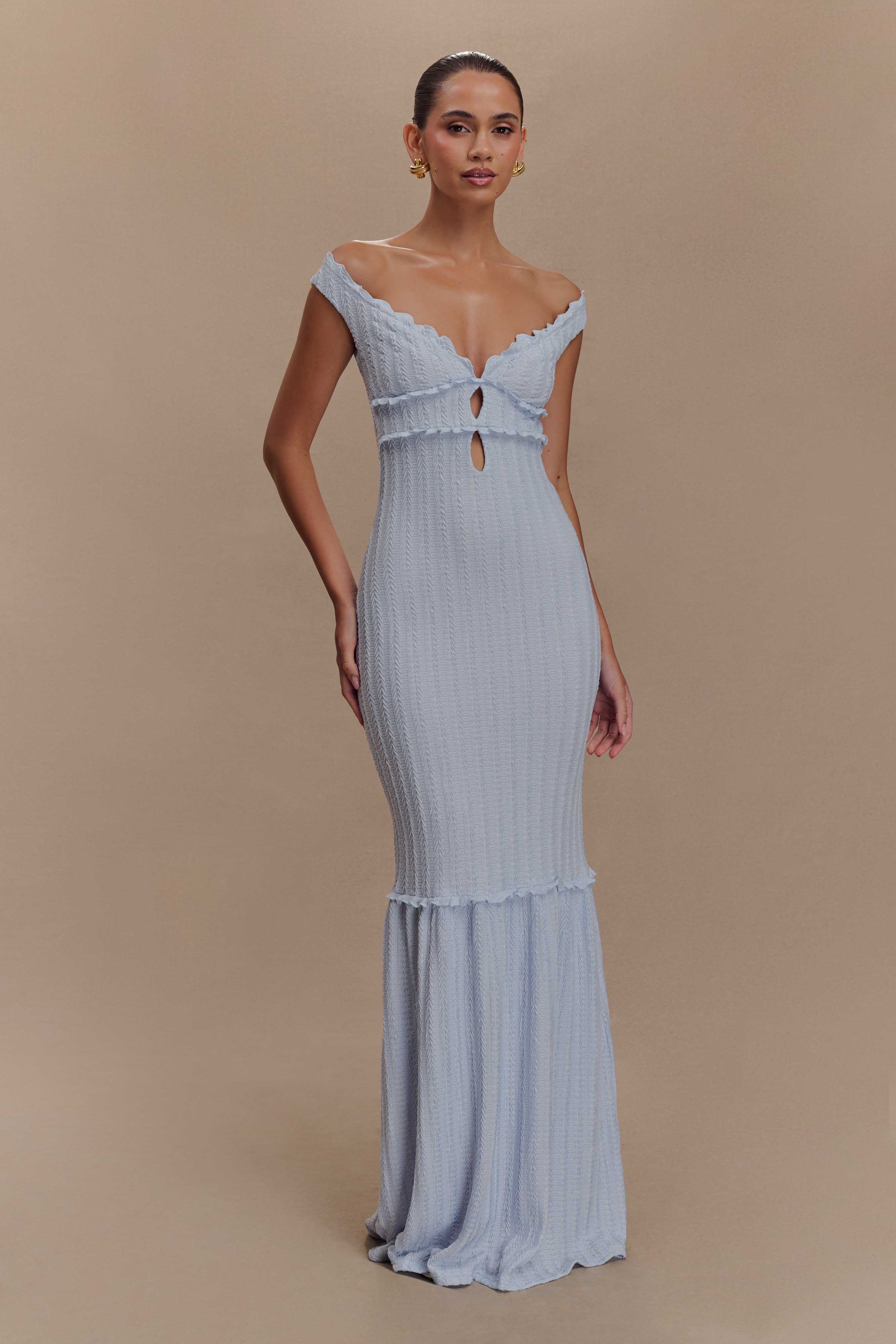 Off Shoulder Maxi Dress with Keyhole Detail & Fishtail Skirt | Natalie
