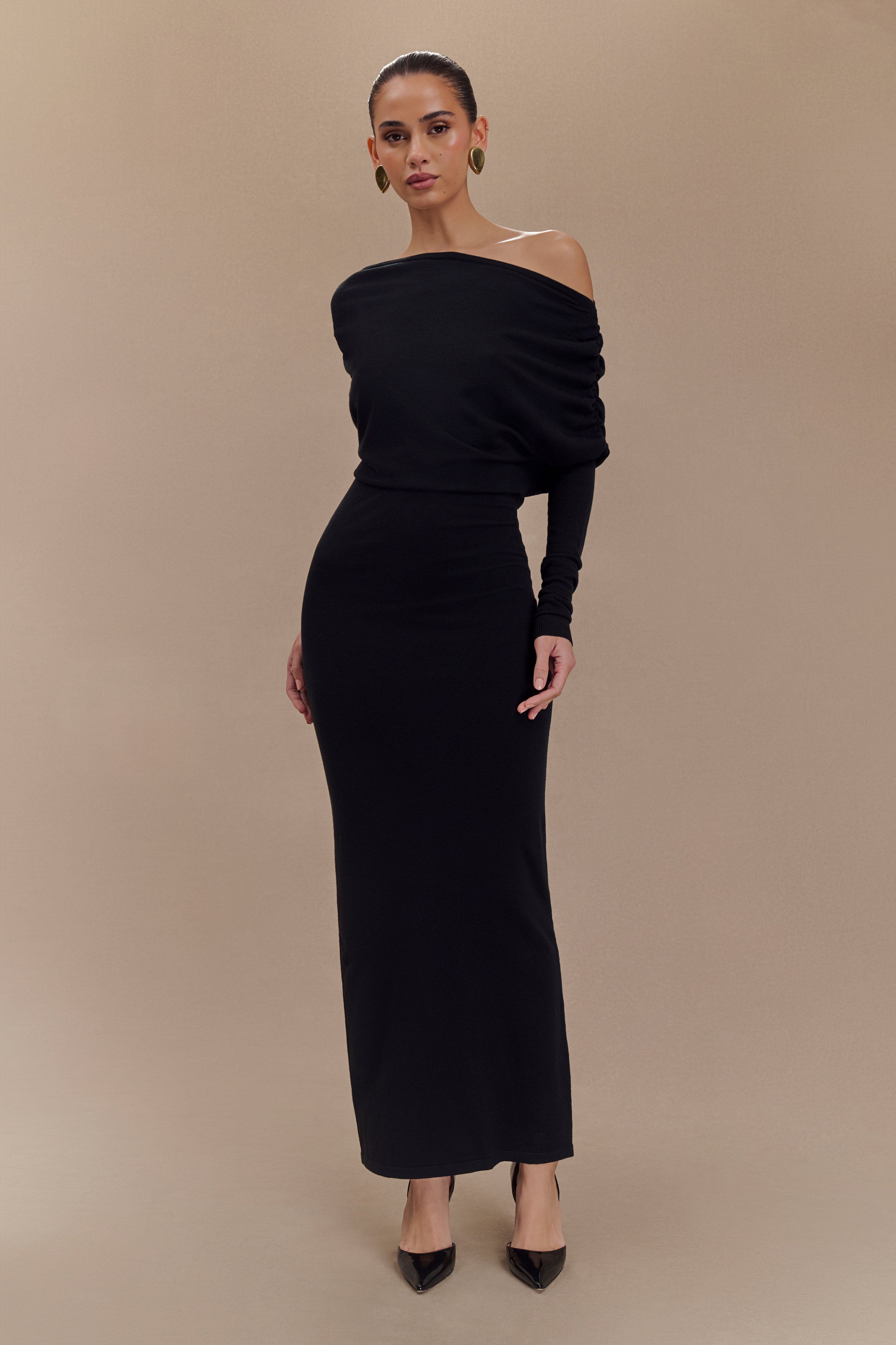 Elegant Cowl Neck Knit Midi Dress with Long Sleeves | Jessie Black