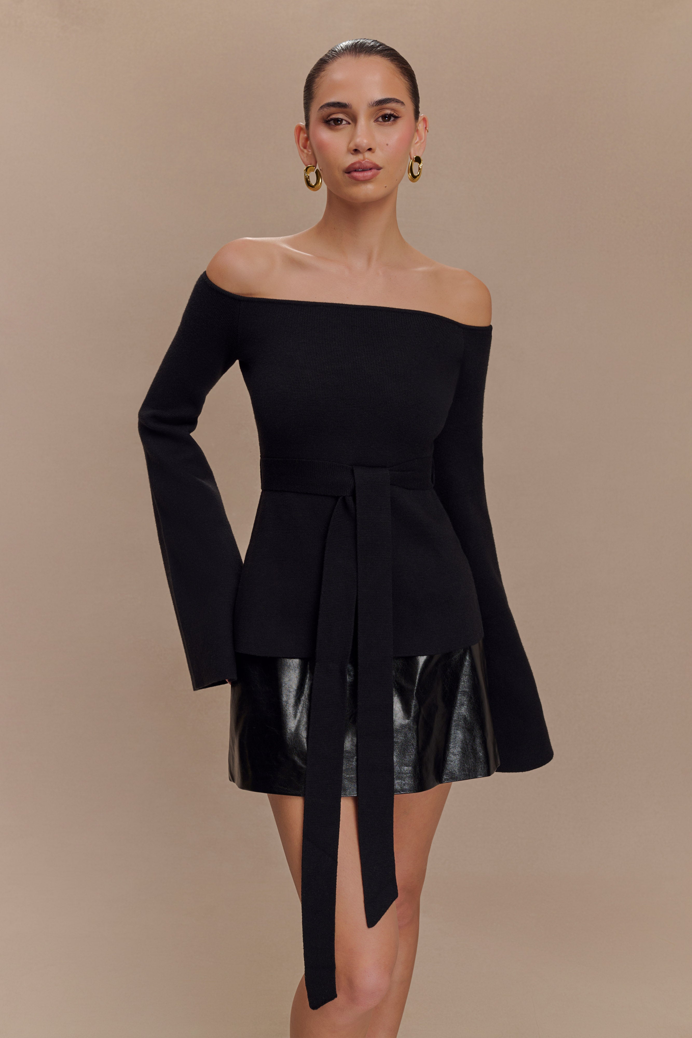Off Shoulder Knit Top with Long Sleeves & Waist Tie | Kyle