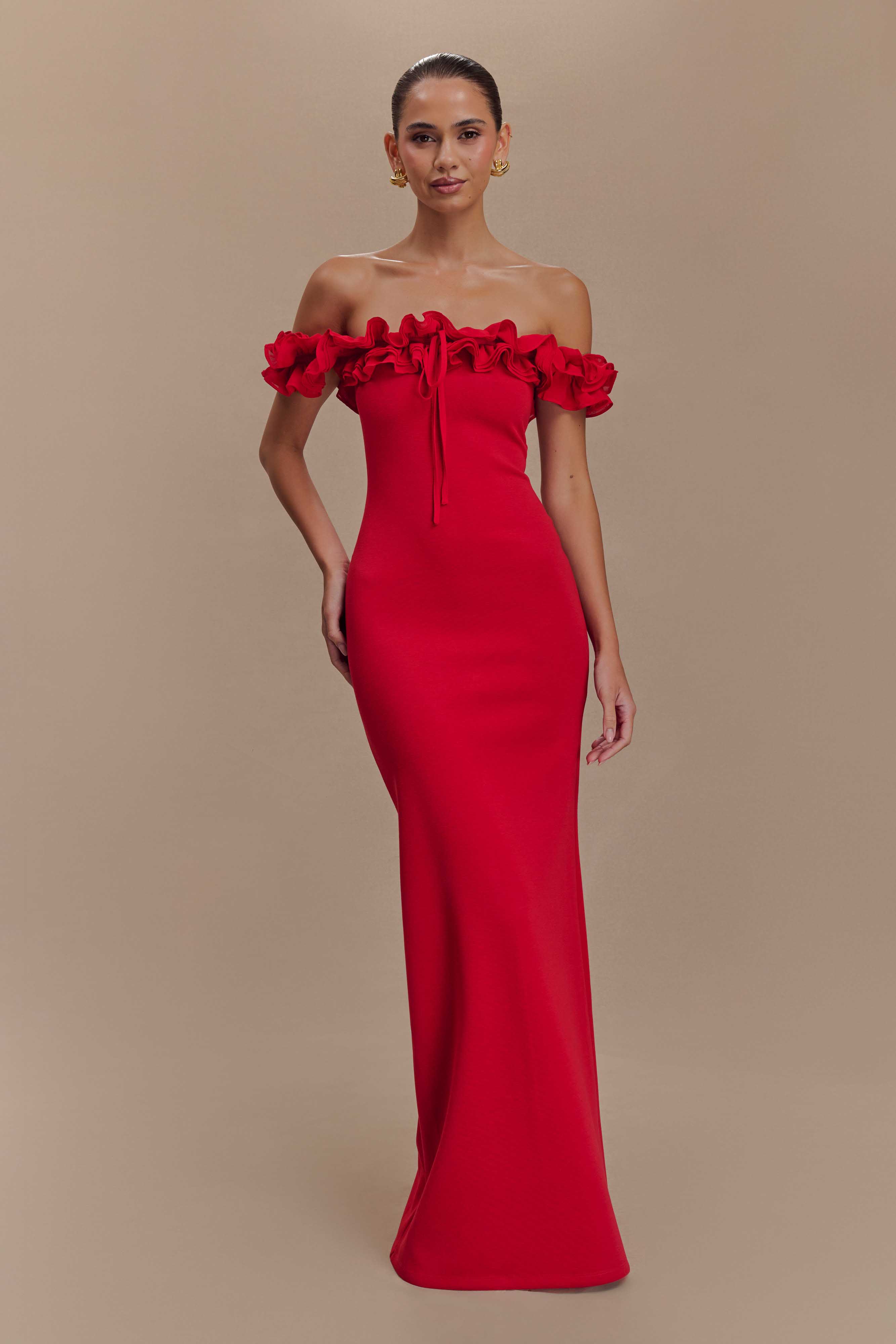 Off Shoulder Maxi Dress with Ruffle Detail & Bodycon Fit | Nova Ruby
