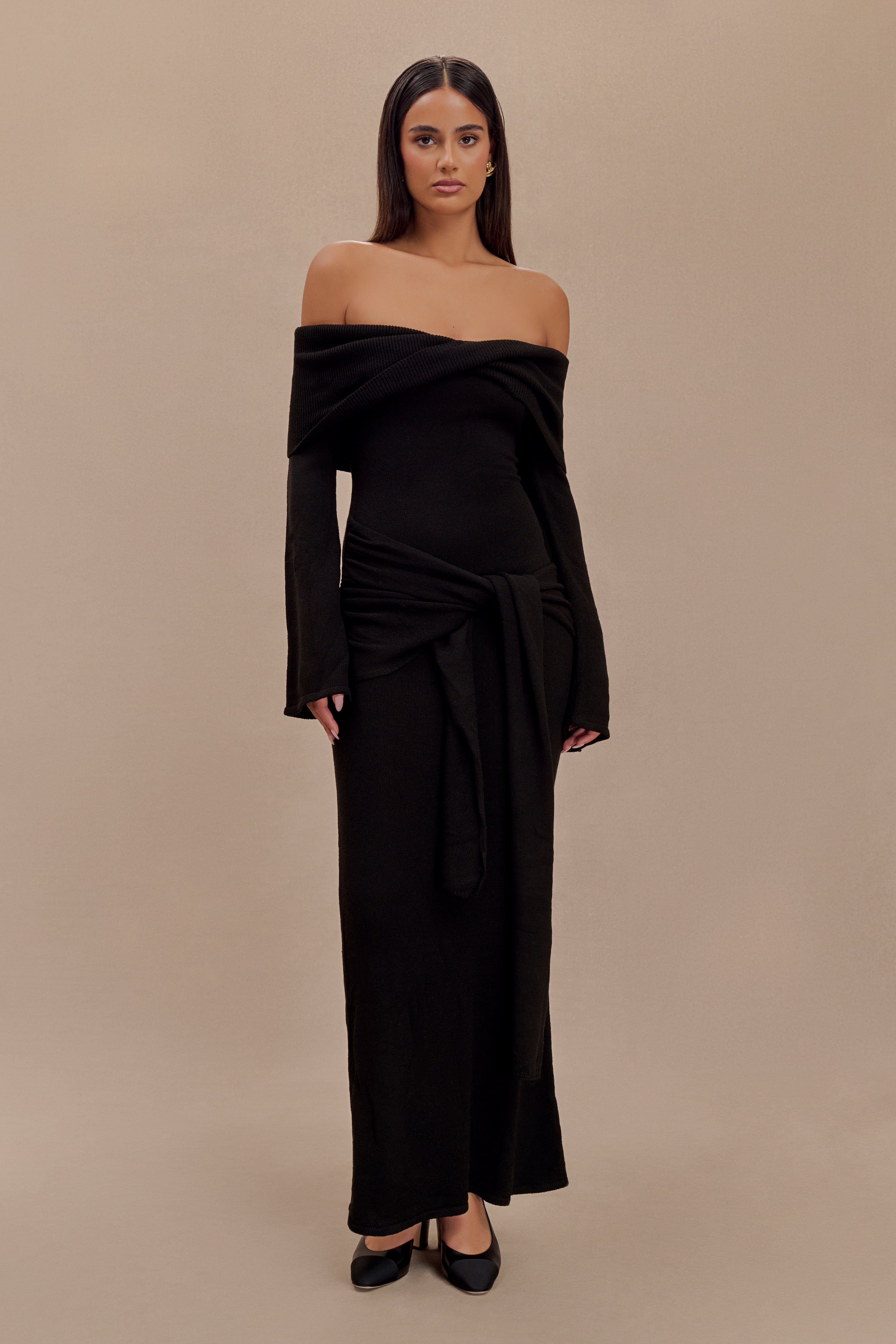 Off Shoulder Bodycon Maxi Dress with Fishtail Hem | Cameron Black