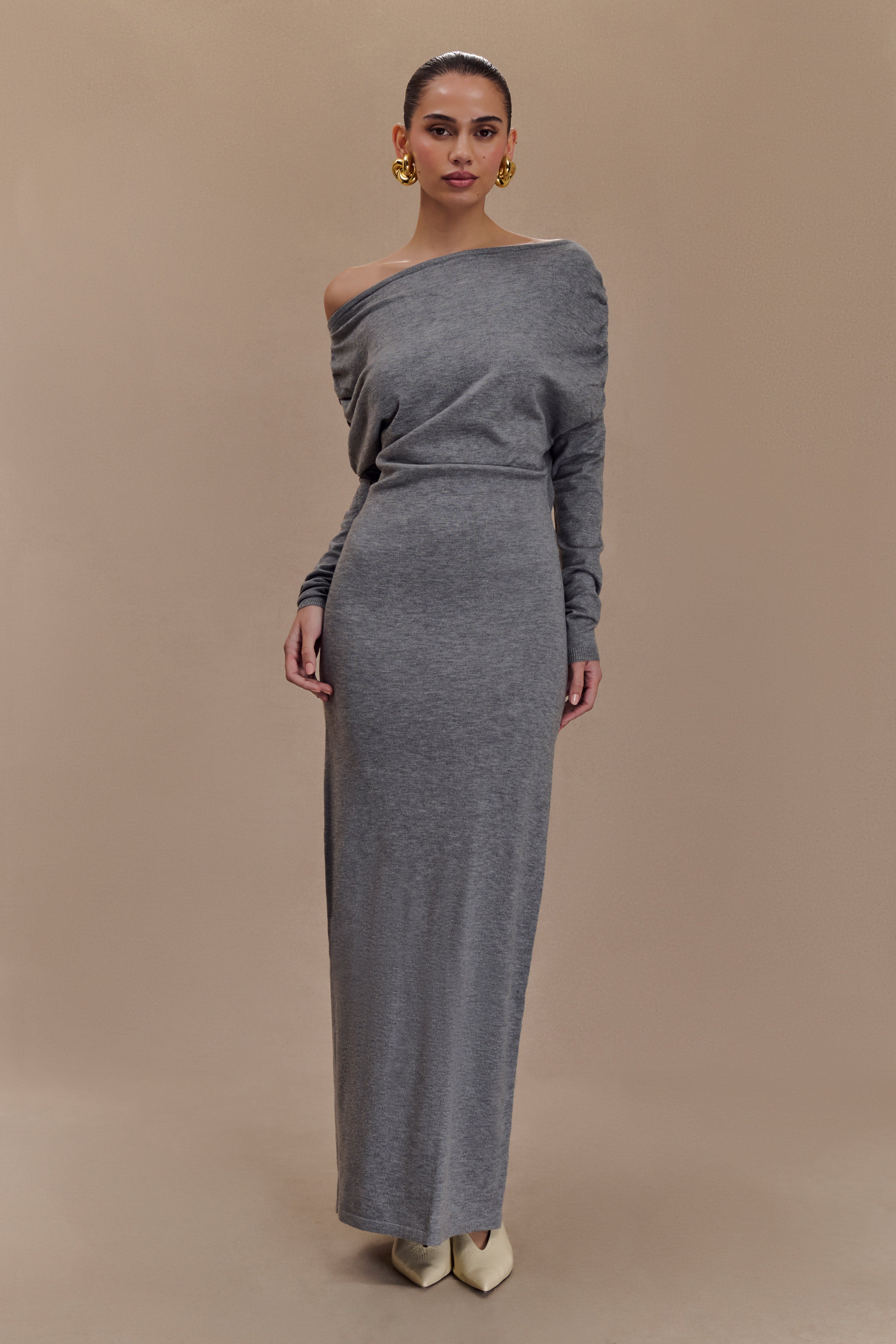Cowl Neck Knit Midi Dress with Ruching | Jessie Charcoal Marle
